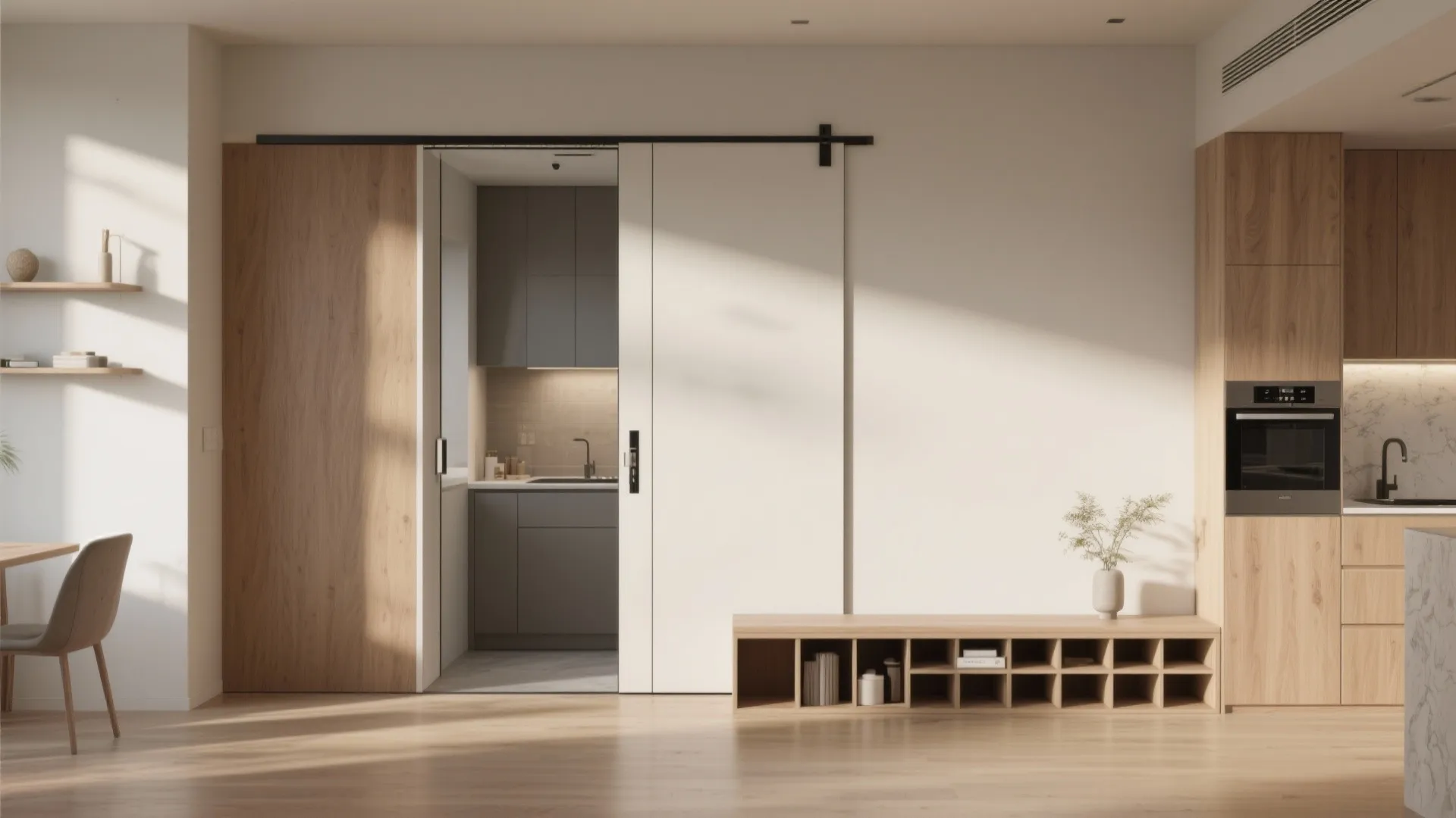 Modern living room with a white sliding door opening into a small dark grey kitchen
