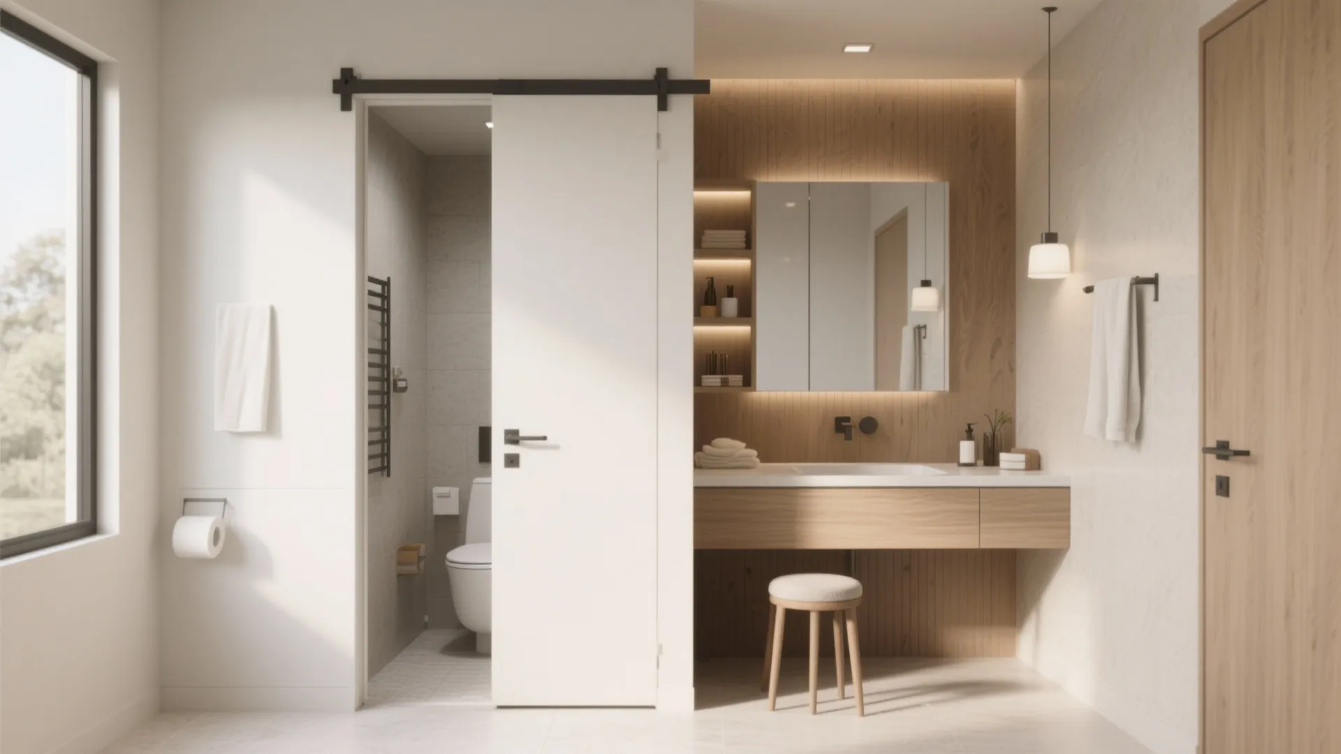 Modern bathroom with white sliding door wooden vanity mirror with light and small white footrest