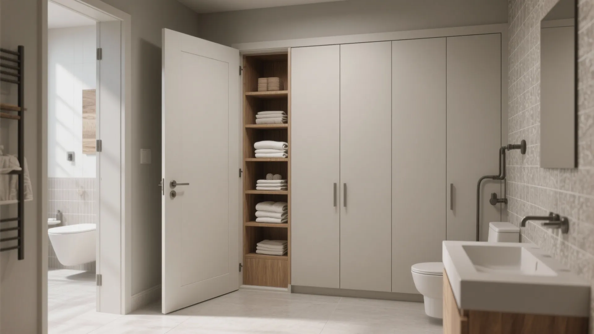 White bathroom storage cabinet with open shelves showing towels next to a white wooden door