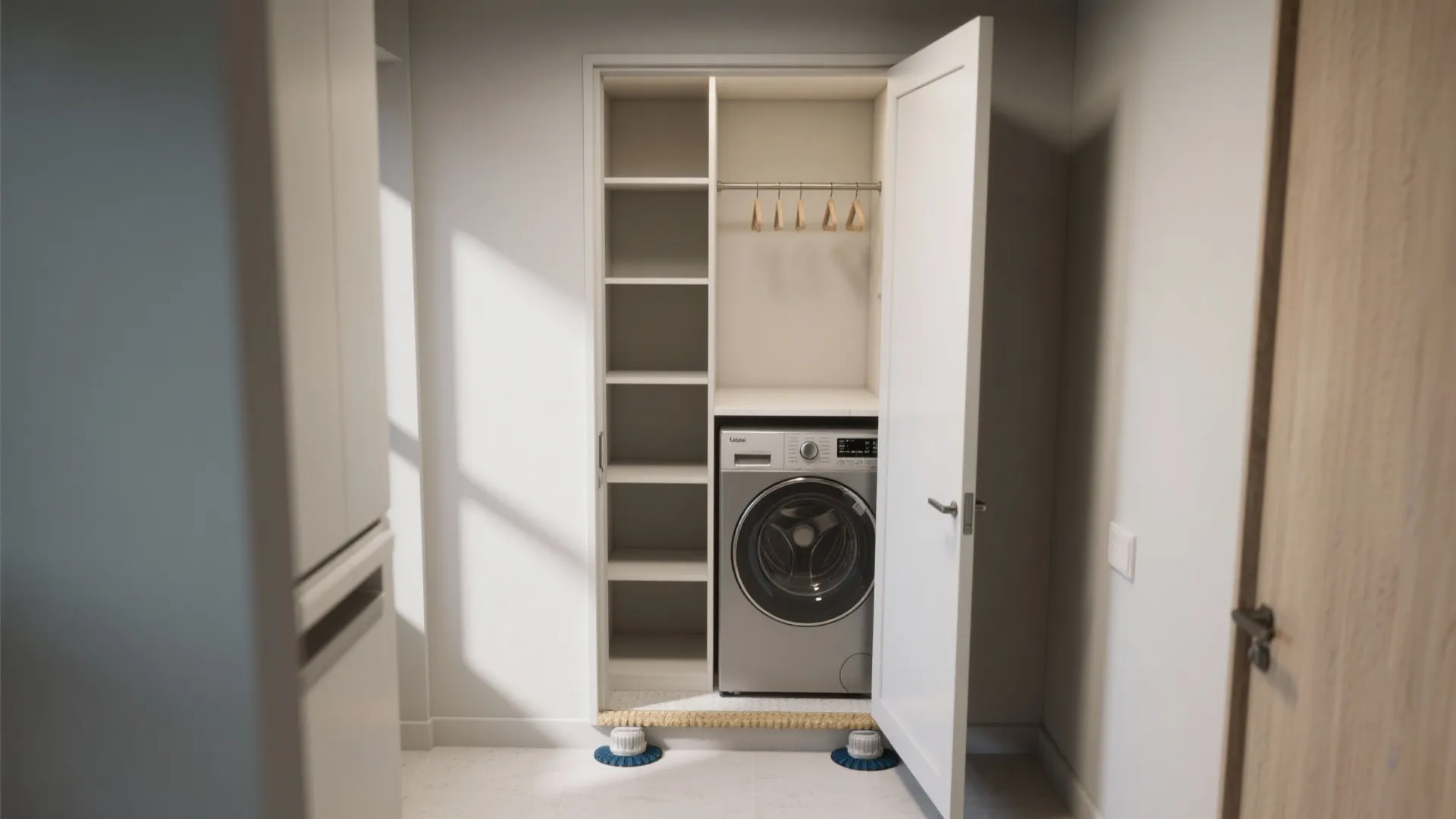 Hidden laundry closet with a grey washing machine, open white shelves, and a white door
