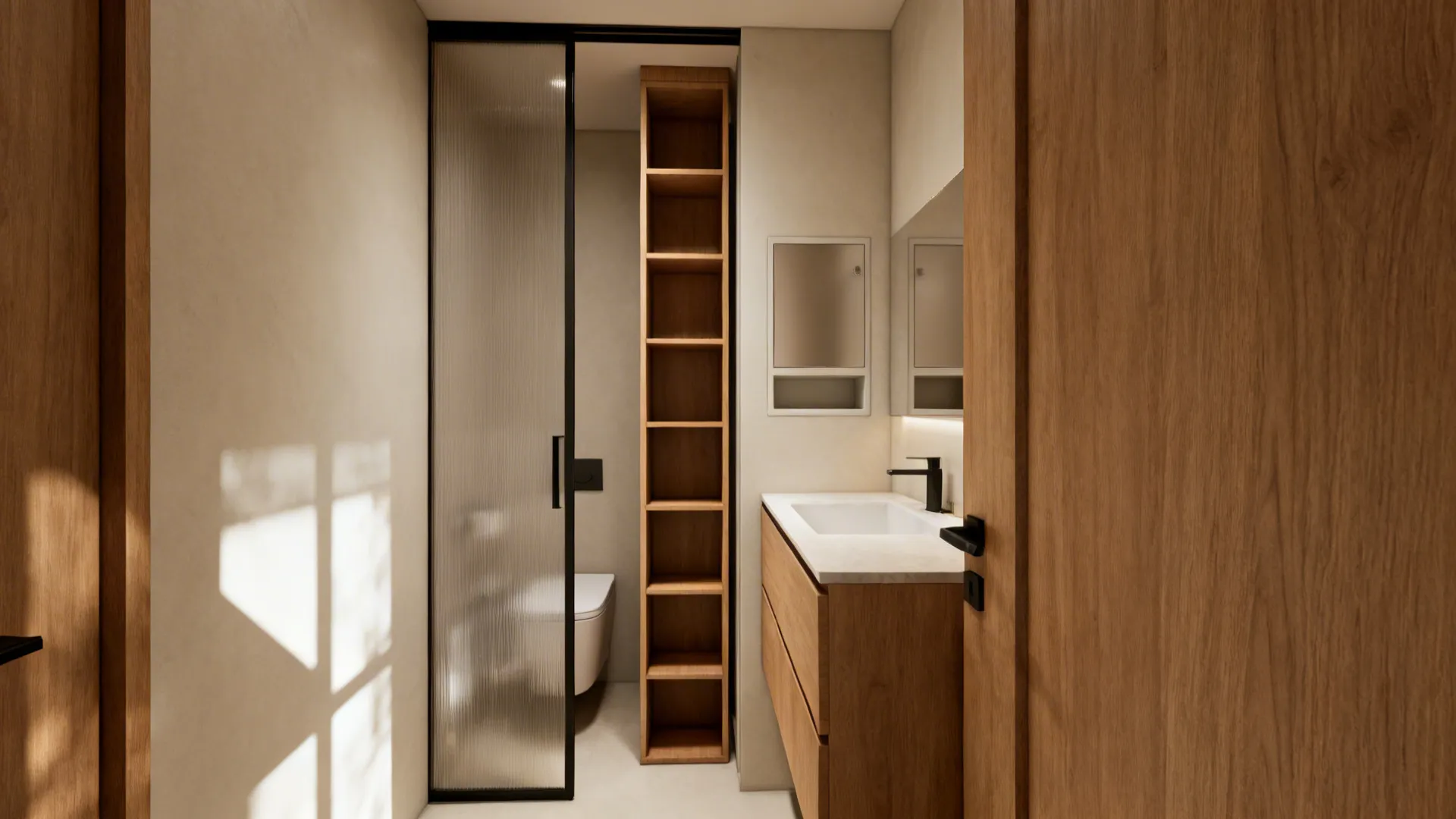 Small bathroom with pocket door and tall vertical storage tower to maximize space