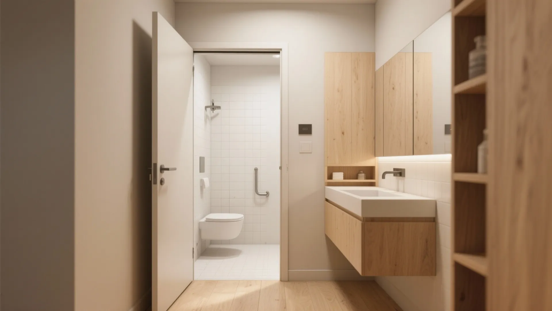 Tiny studio bathroom with a recessed pocket door that maximizes floor space and reveals a streamlined layout.