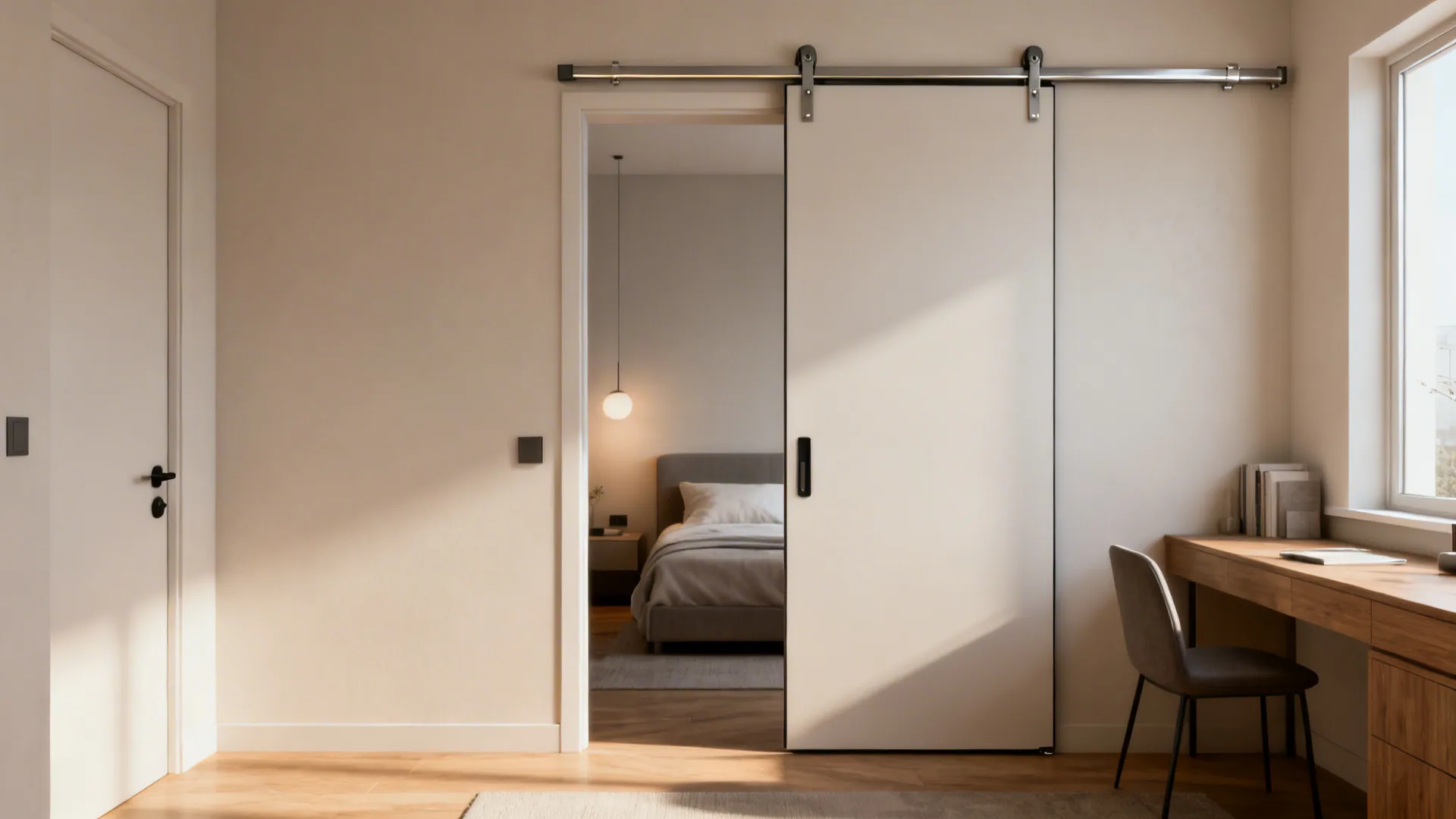 Slim pocket door in a studio apartment providing a tidy separation between bedroom and living area.
