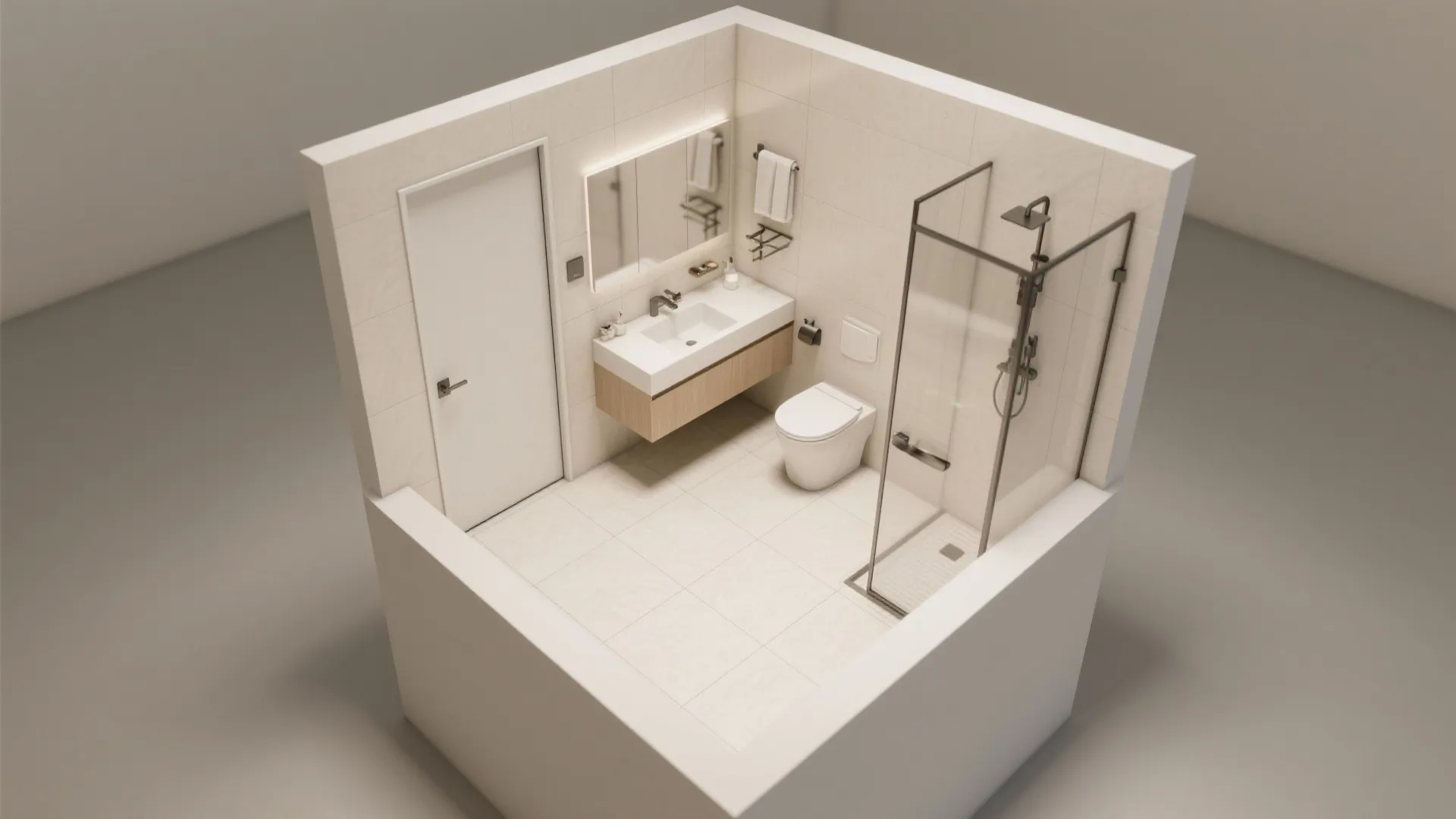 Interior design drawing of a modern bathroom with white walls glass shower and wood cabinet