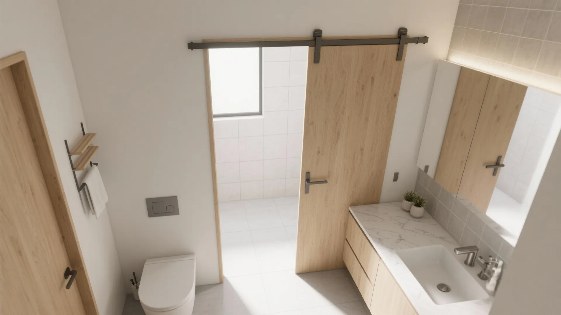 2) Sliding pocket wooden door to save clearance