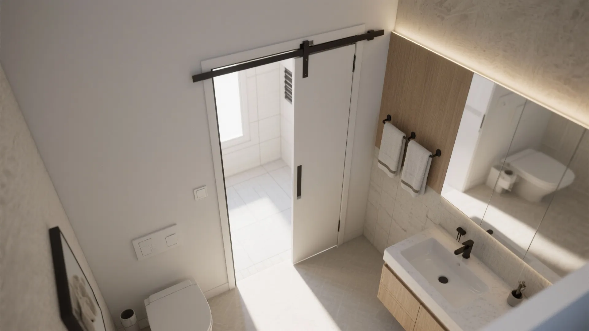 Top-down view of a pocket door bathroom layout showing clear circulation and wall cavity.