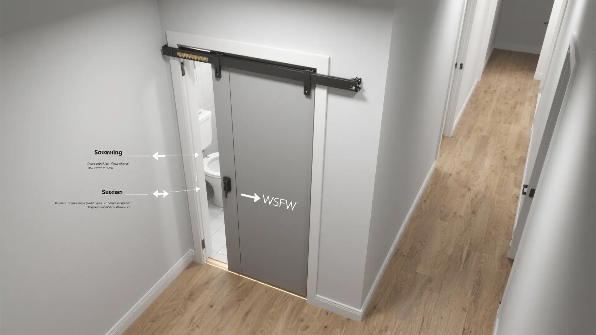 Top-down view showing a pocket bathroom door saving swing clearance in a narrow hall.