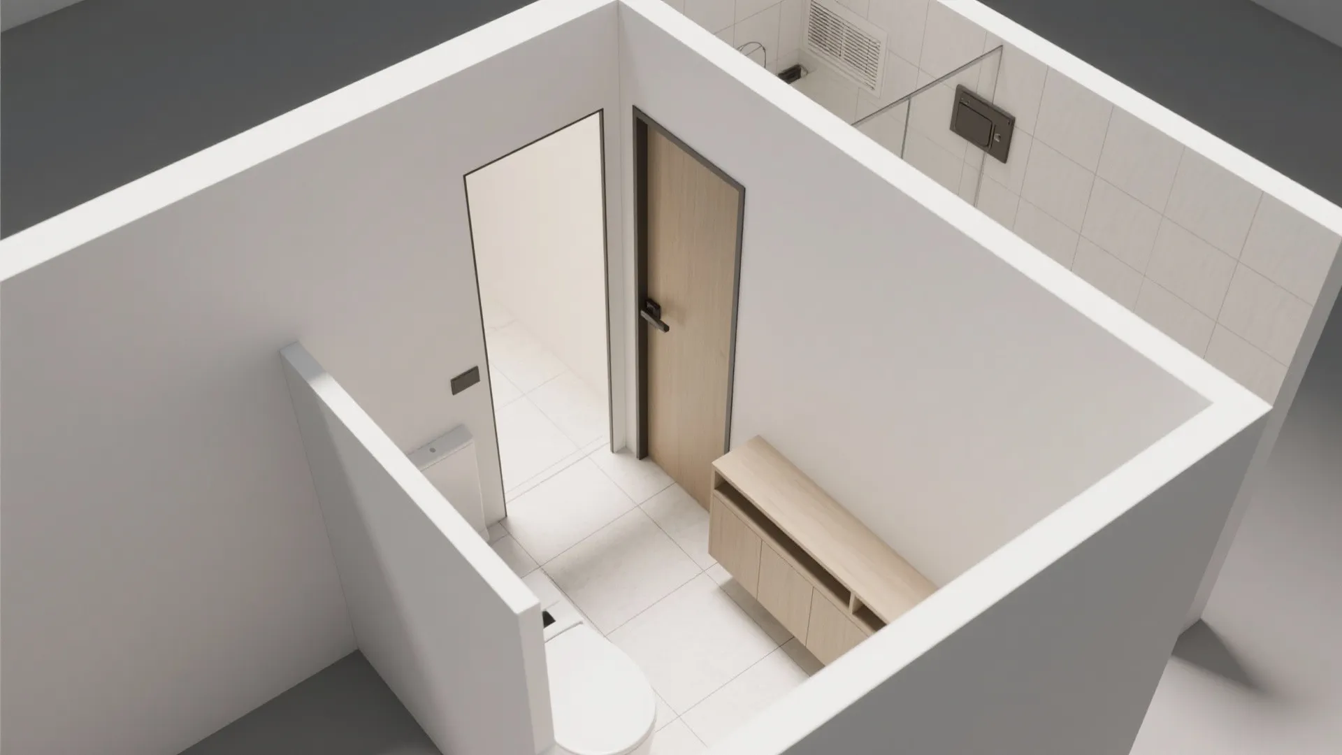Interior design drawing showing top view of a white bathroom with wooden cabinet and toilet layout