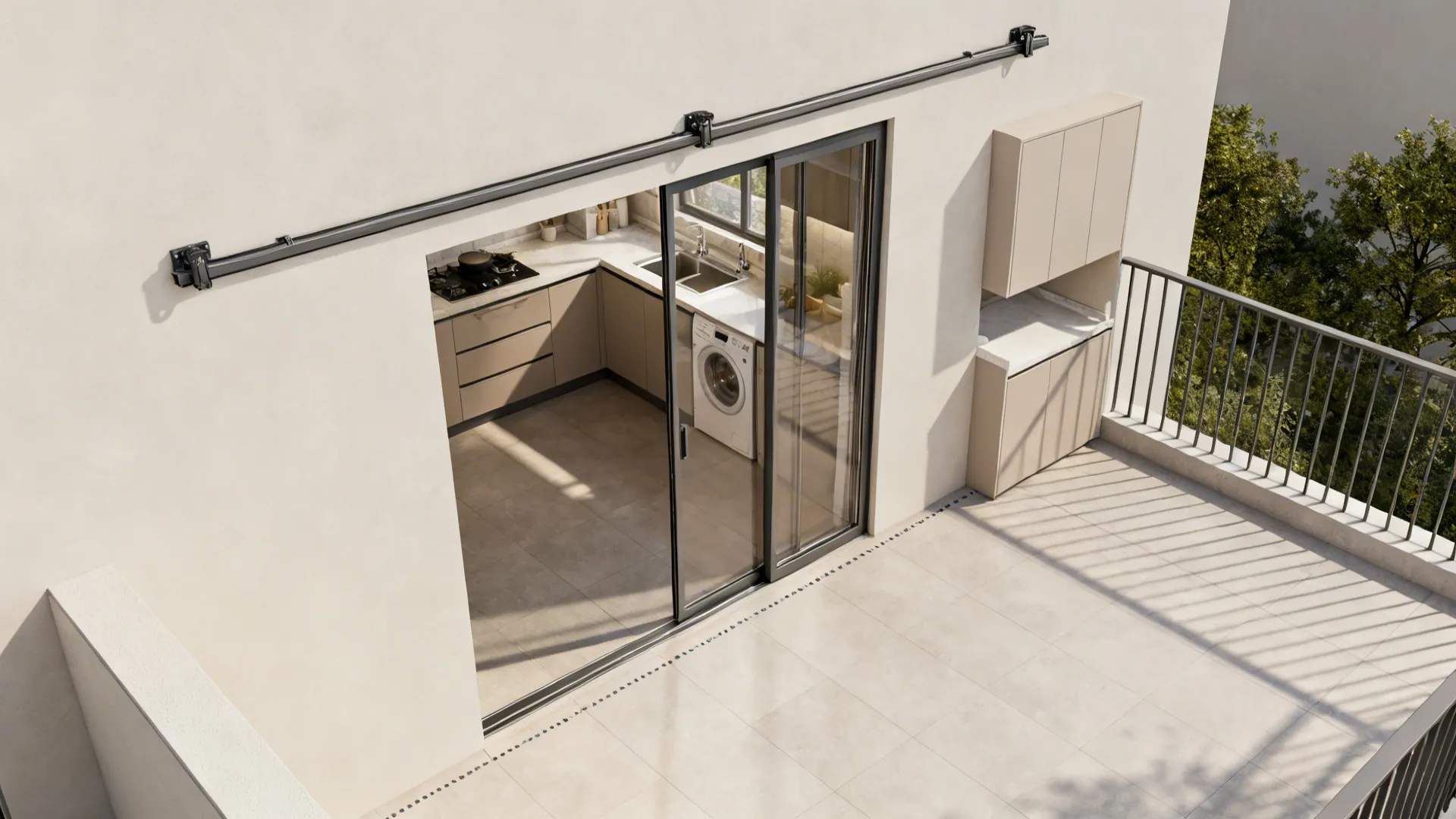 Top-down view of kitchen with sliding glass pocket doors showing retracted panels and clearances.