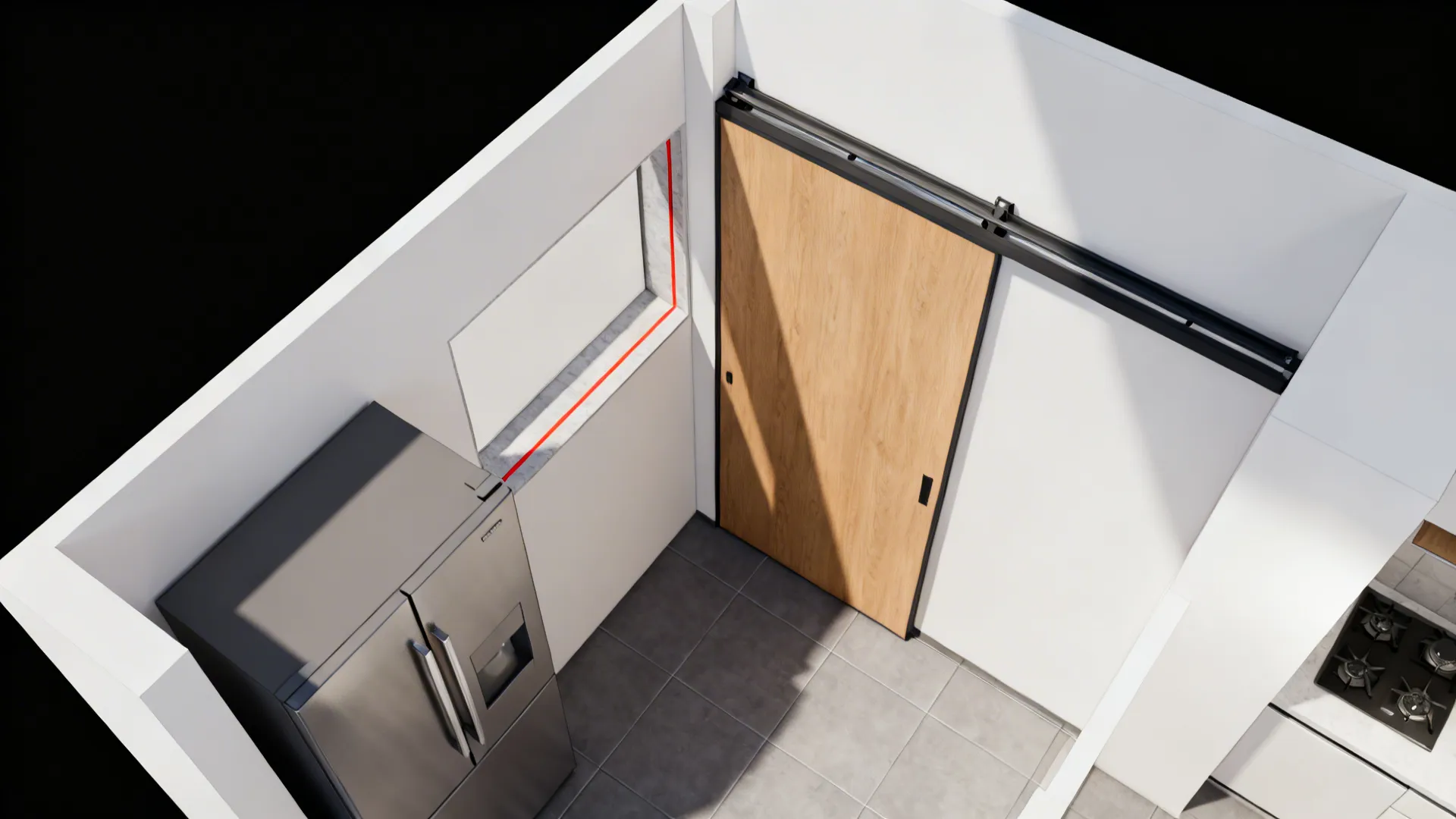 Top-down view of a pocket door system showing wall pocket, track, and clearance.