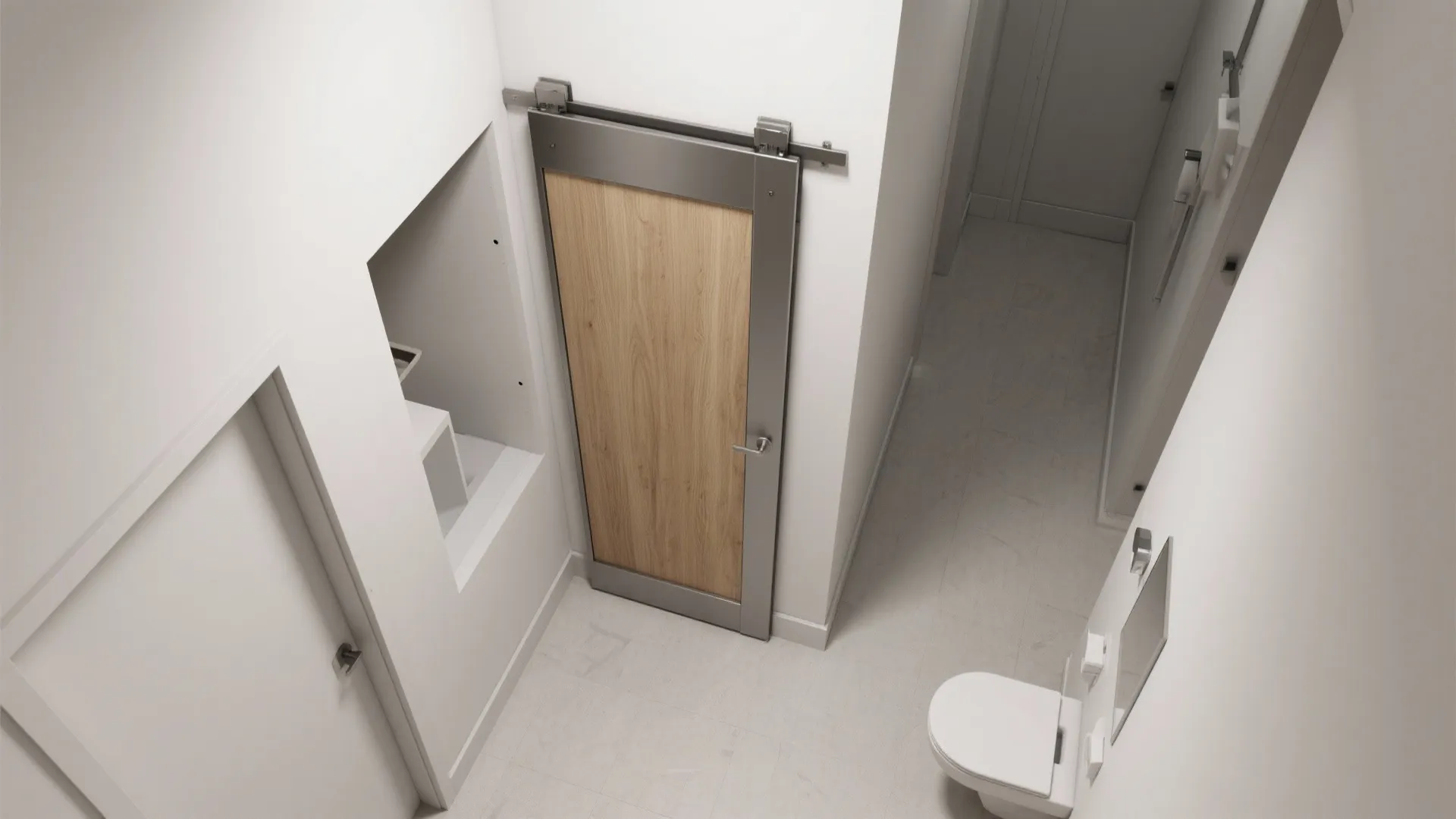 Top-down view of a pocket door cavity showing clear hallway circulation without swing.