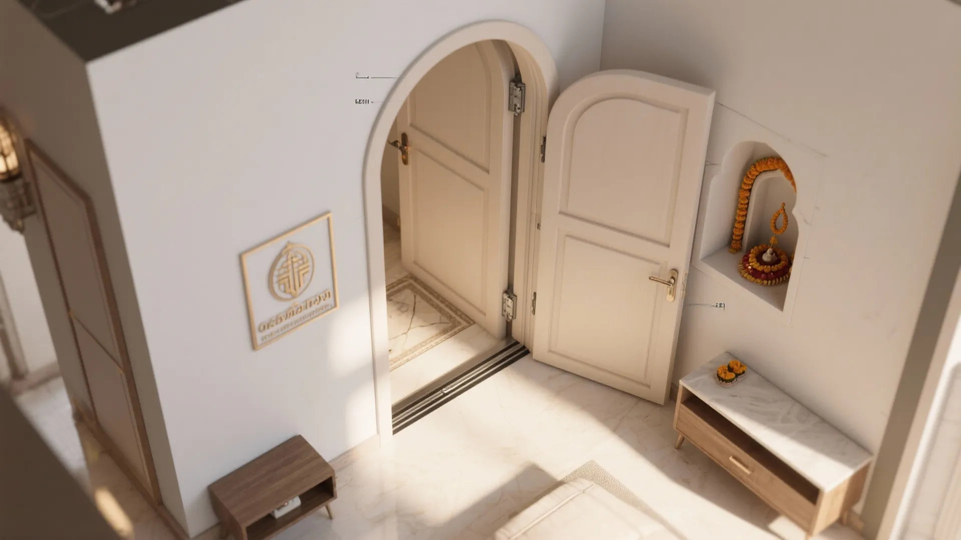 Arched white door open in a bright room with marble floor and small wooden storage cabinet