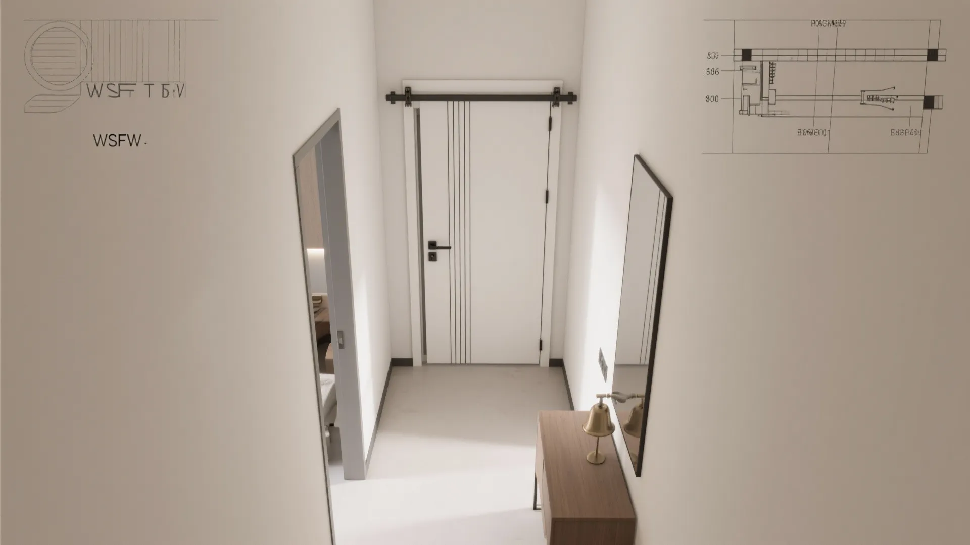 Sliding pocket doors with bell strips for tight corridors