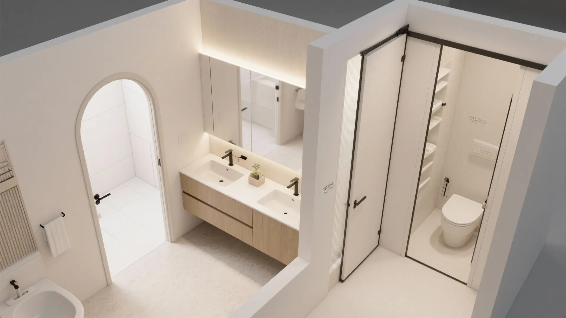 Interior design drawing of a modern bathroom with double sinks arched doorway and white toilet
