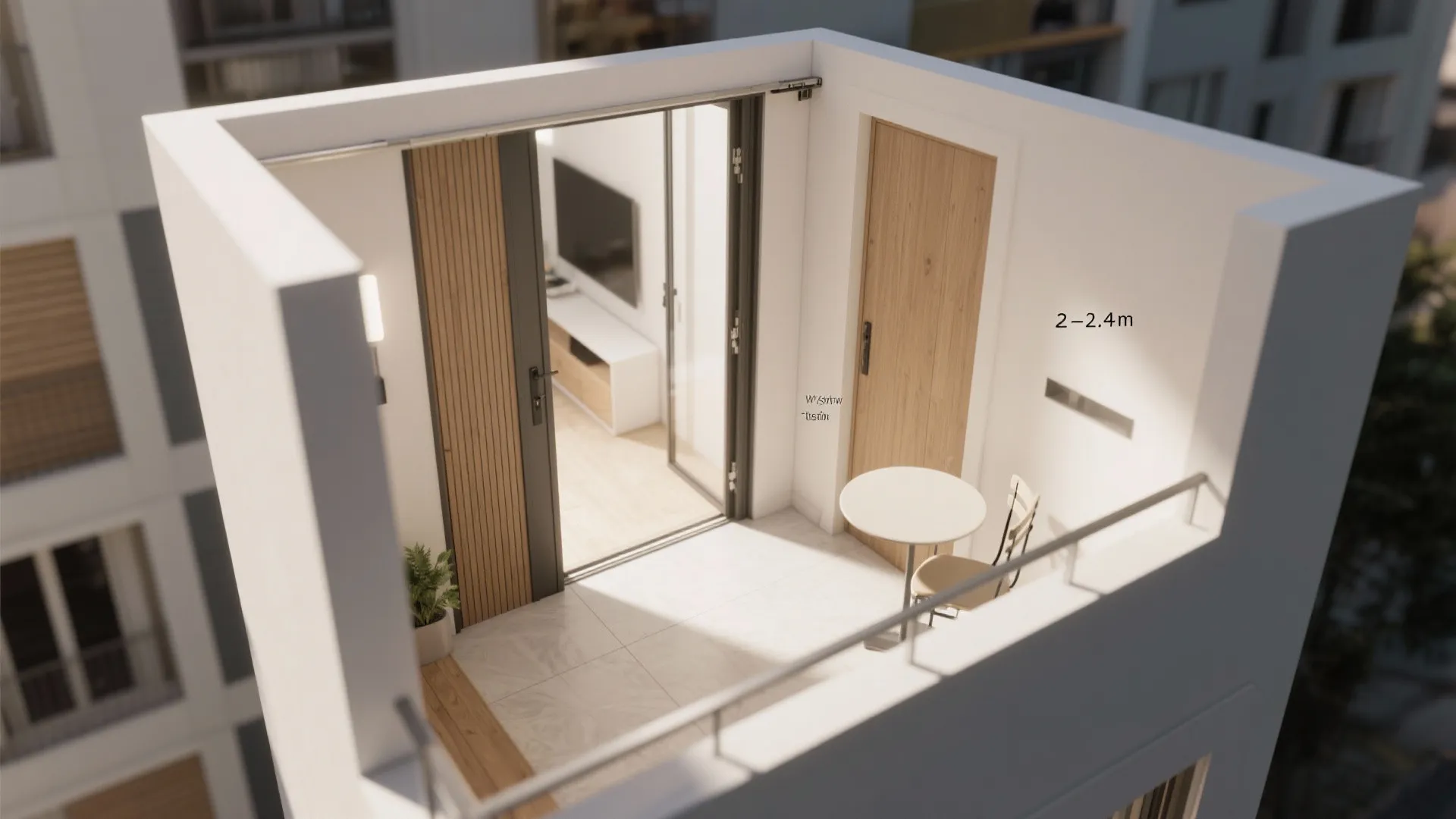 Top-down view of a pocket sliding door at a balcony entrance with clear circulation space.