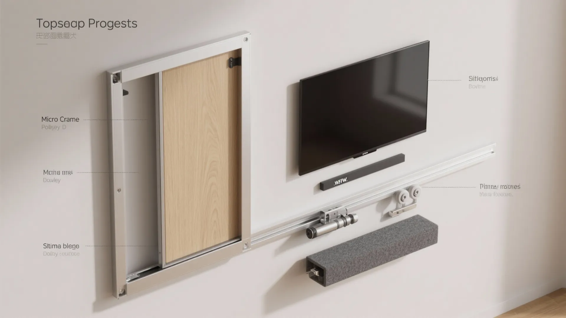 Top-down visualization of a slim pocket door system components over a TV wall