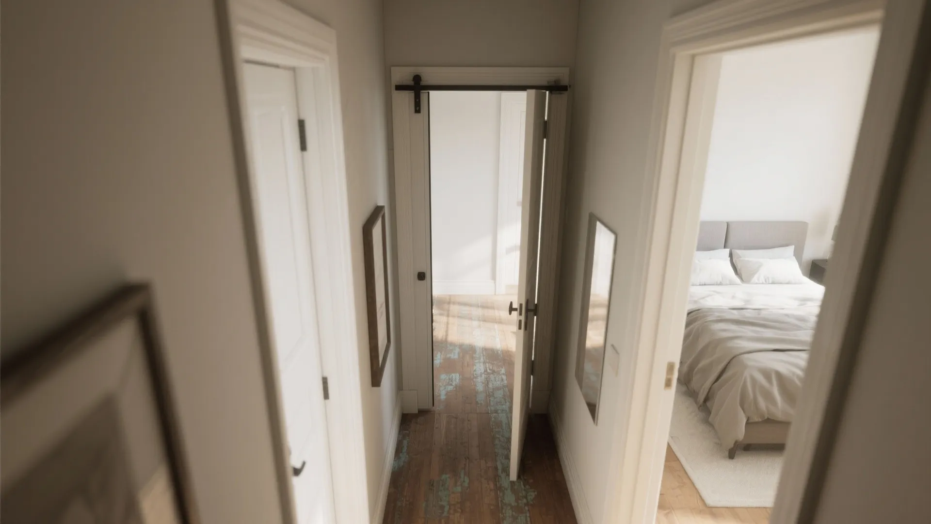 Modern narrow hallway with white walls wooden floor sliding door and view into a bedroom