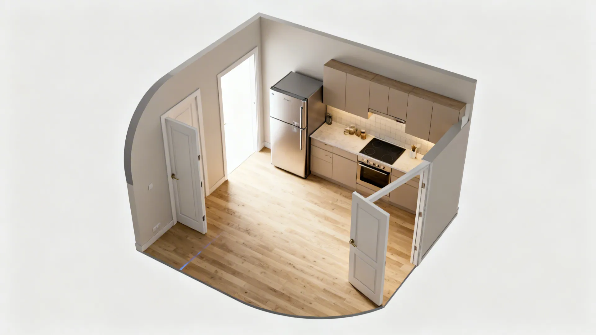 Top-down view comparing swing door arc versus pocket door path in a small kitchen.