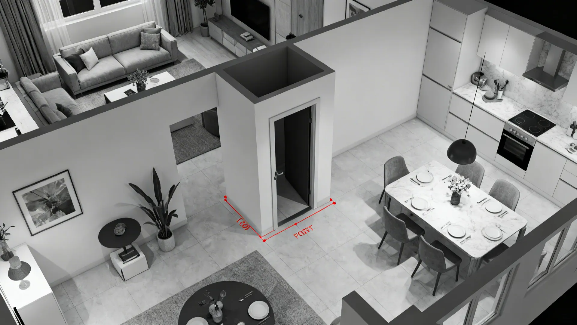 Top-down plan view showing a pocket door cavity and clearances between living and dining areas.