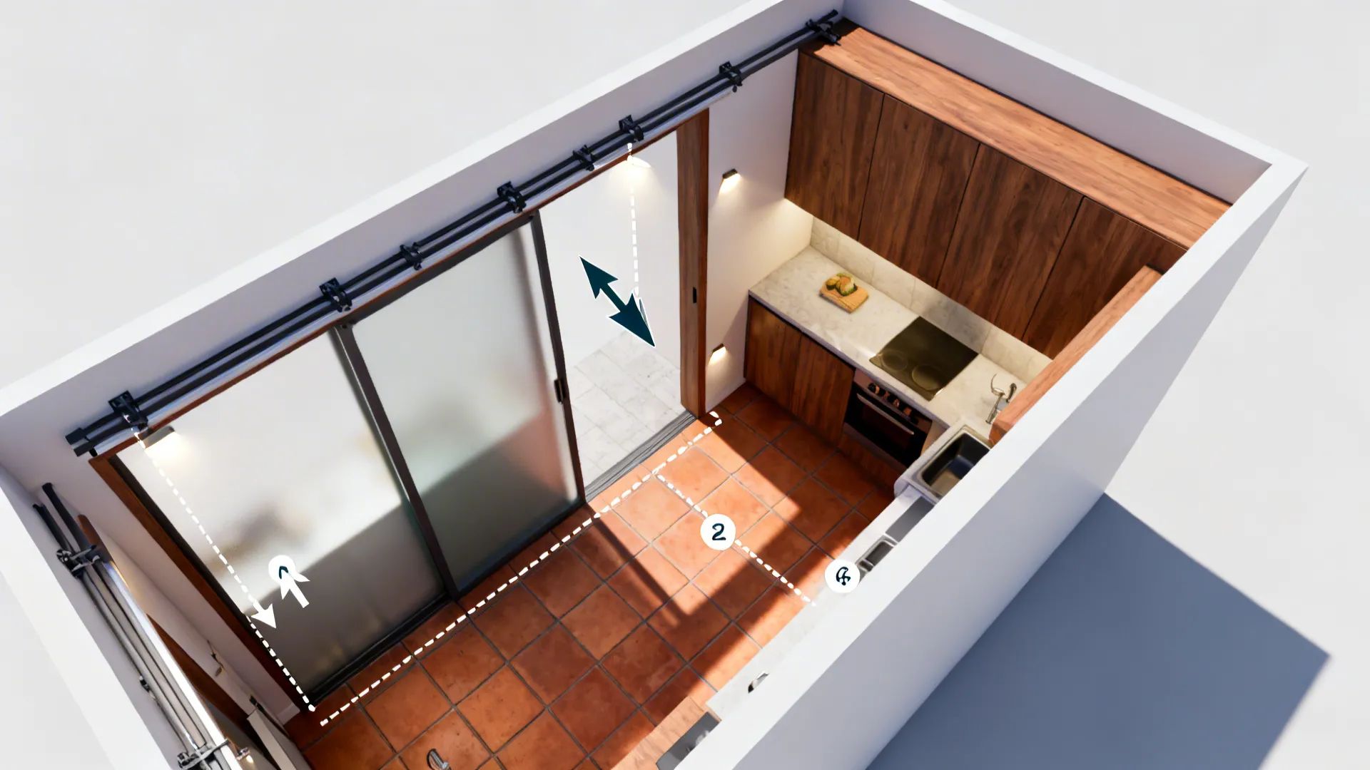 Top-down view highlighting pocket door cavities and clear circulation in a small kitchen.