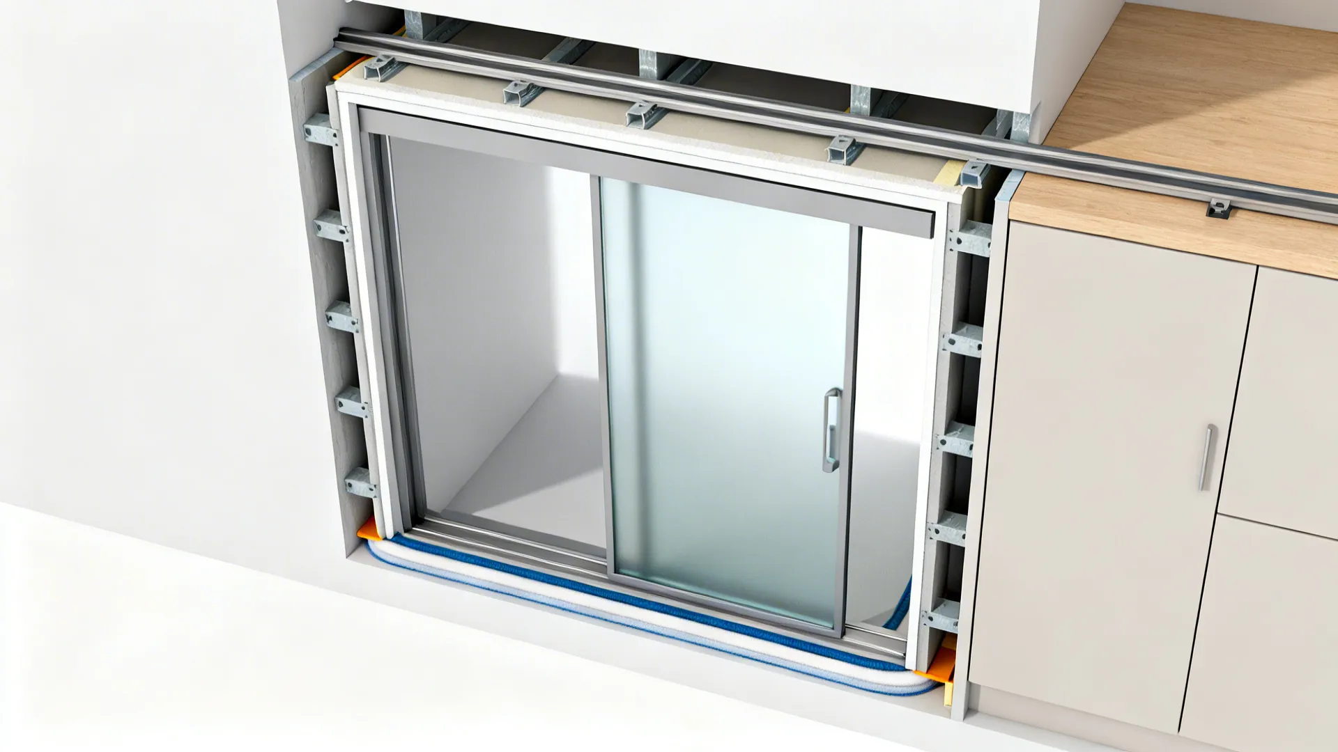 Top-down cutaway showing a frosted pocket door sliding into a wall cavity with seals.