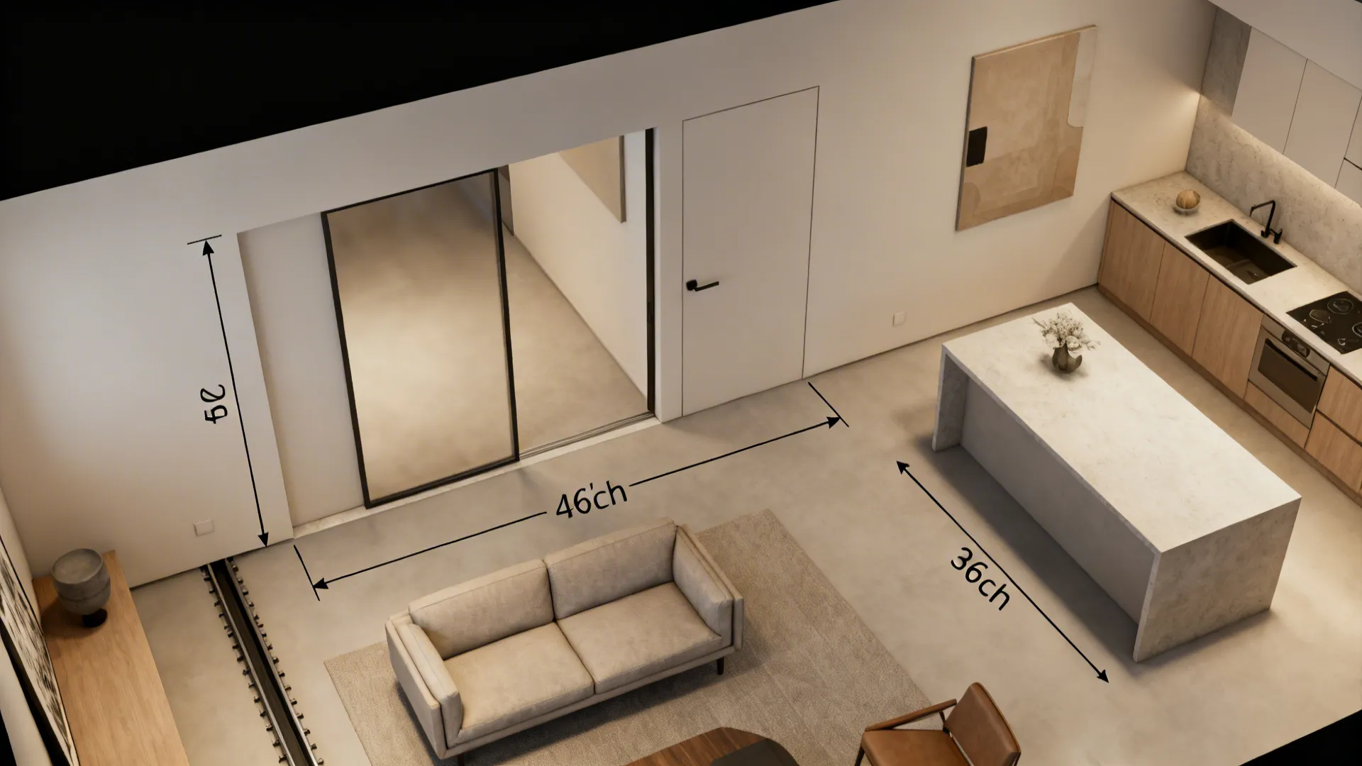 Top-down view showing pocket door cavity, door travel, and 36-inch circulation paths.