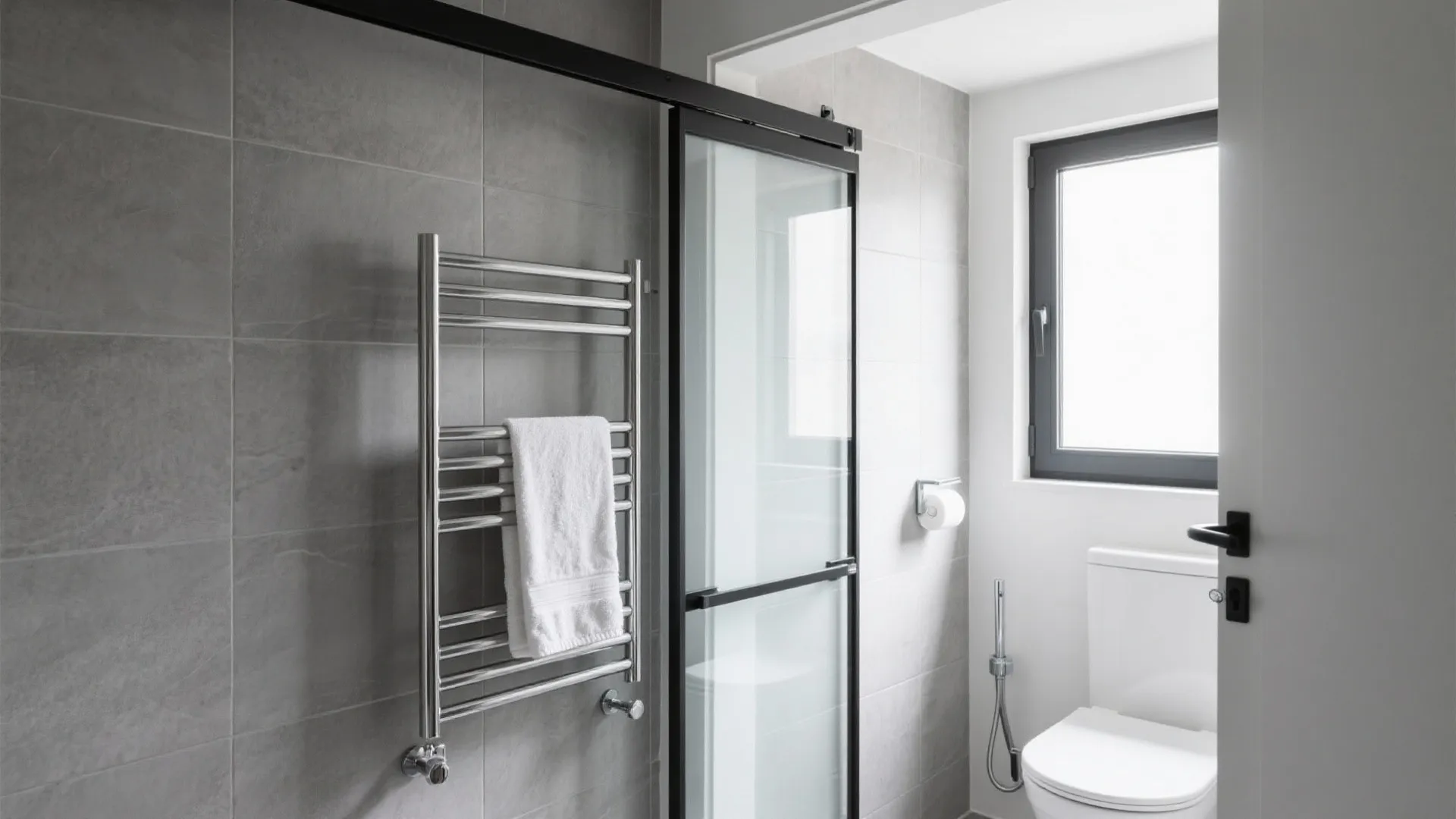 Grey tiled bathroom with chrome towel rack hanging on wall next to black sliding glass door