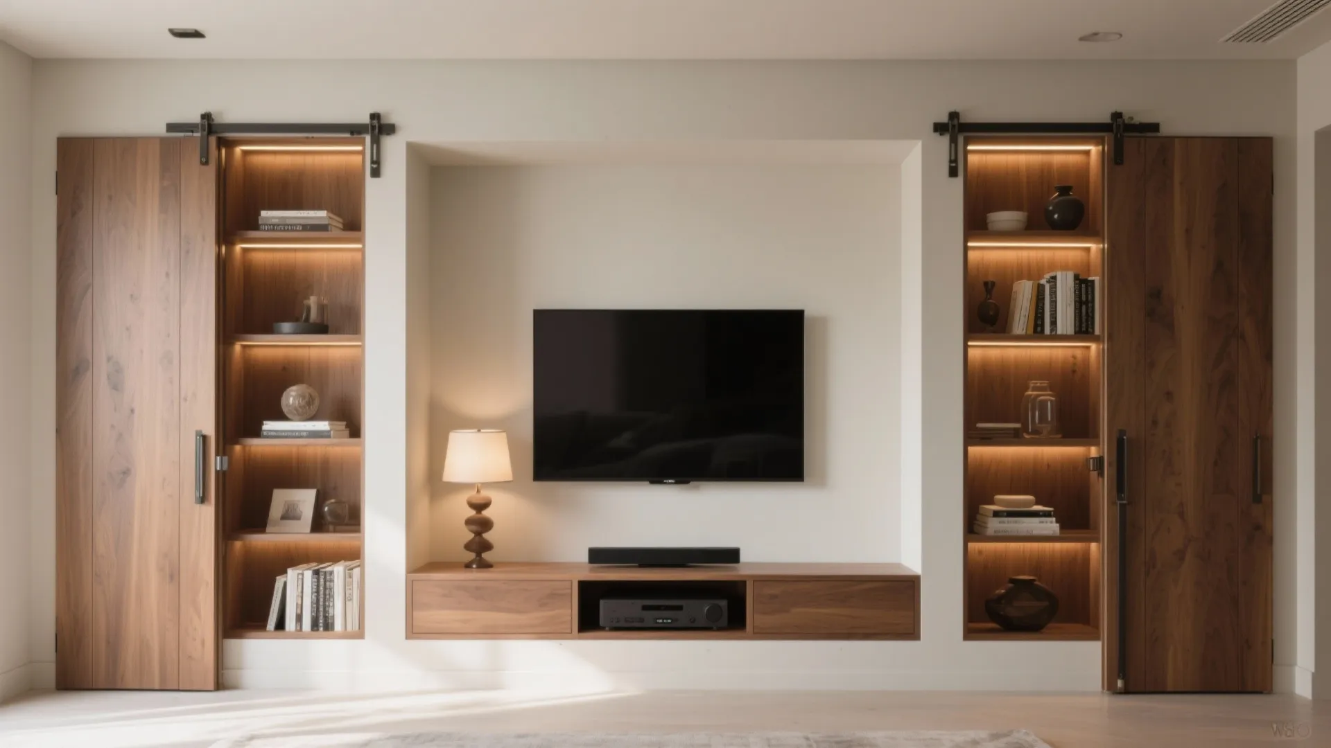 5) Hybrid Niche: TV + Display Shelves + Pocket Doors