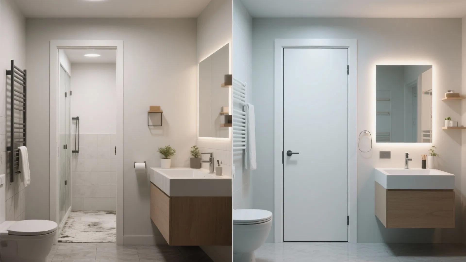 Modern bathroom with wooden cabinet white sink glowing mirror toilet and glass shower door room view