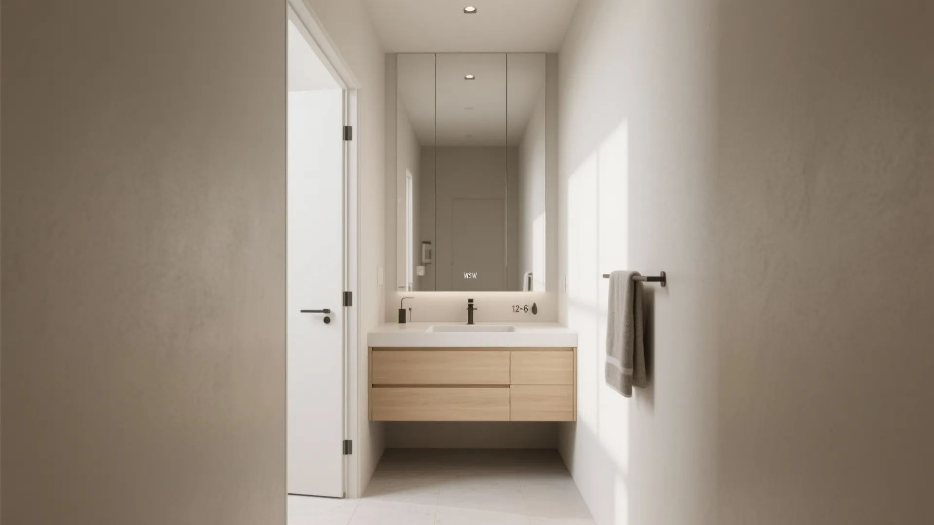 2. Pocket door + slim floating vanity