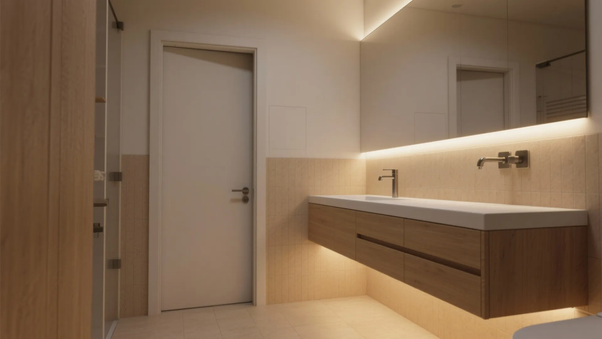 2. Pocket door + floating vanity to reclaim swing space