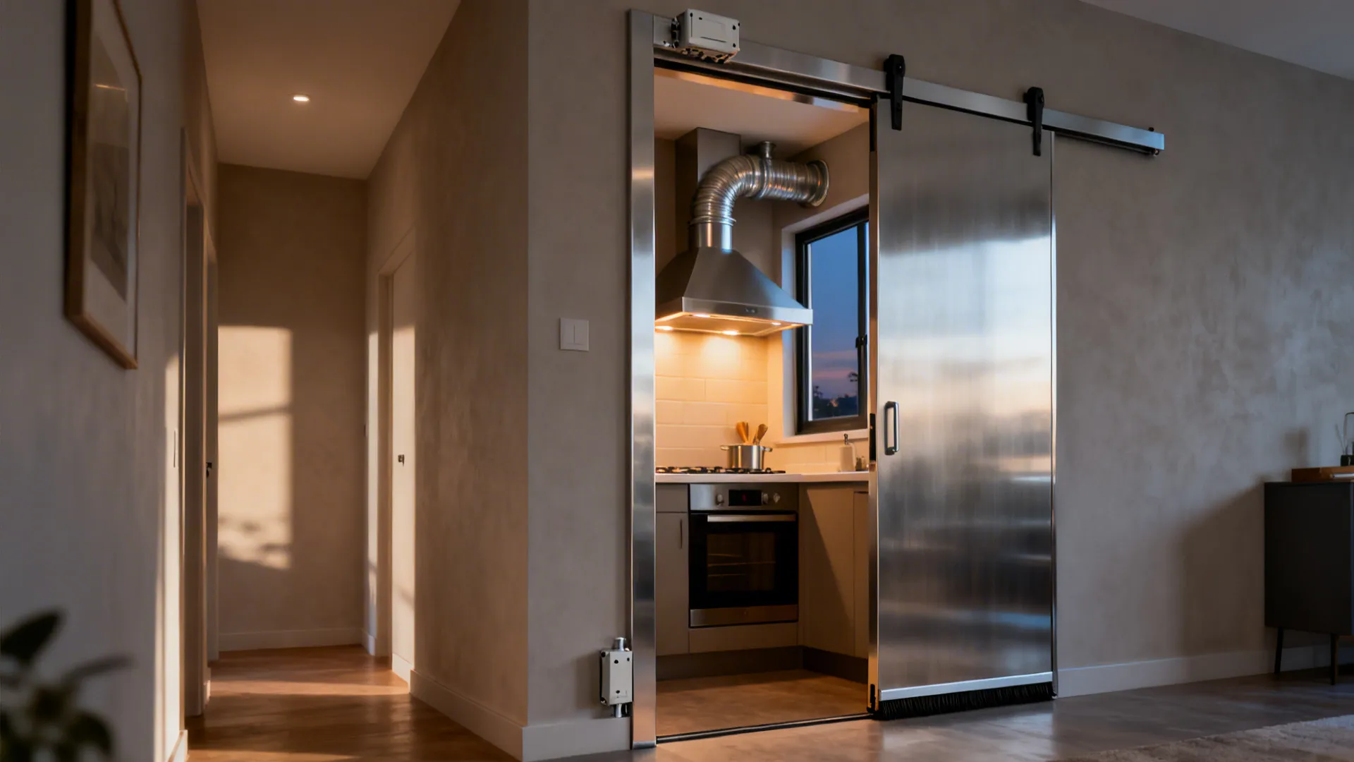 Kitchen pocket door with hood and window exhaust creating slight negative pressure.