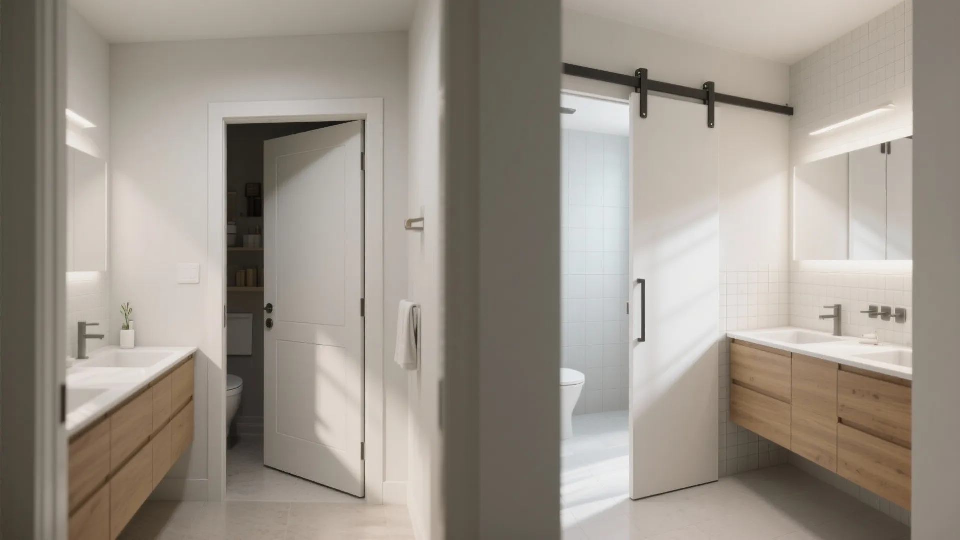 Comparison between a traditional white hinged door and a sliding door in modern bathroom interior