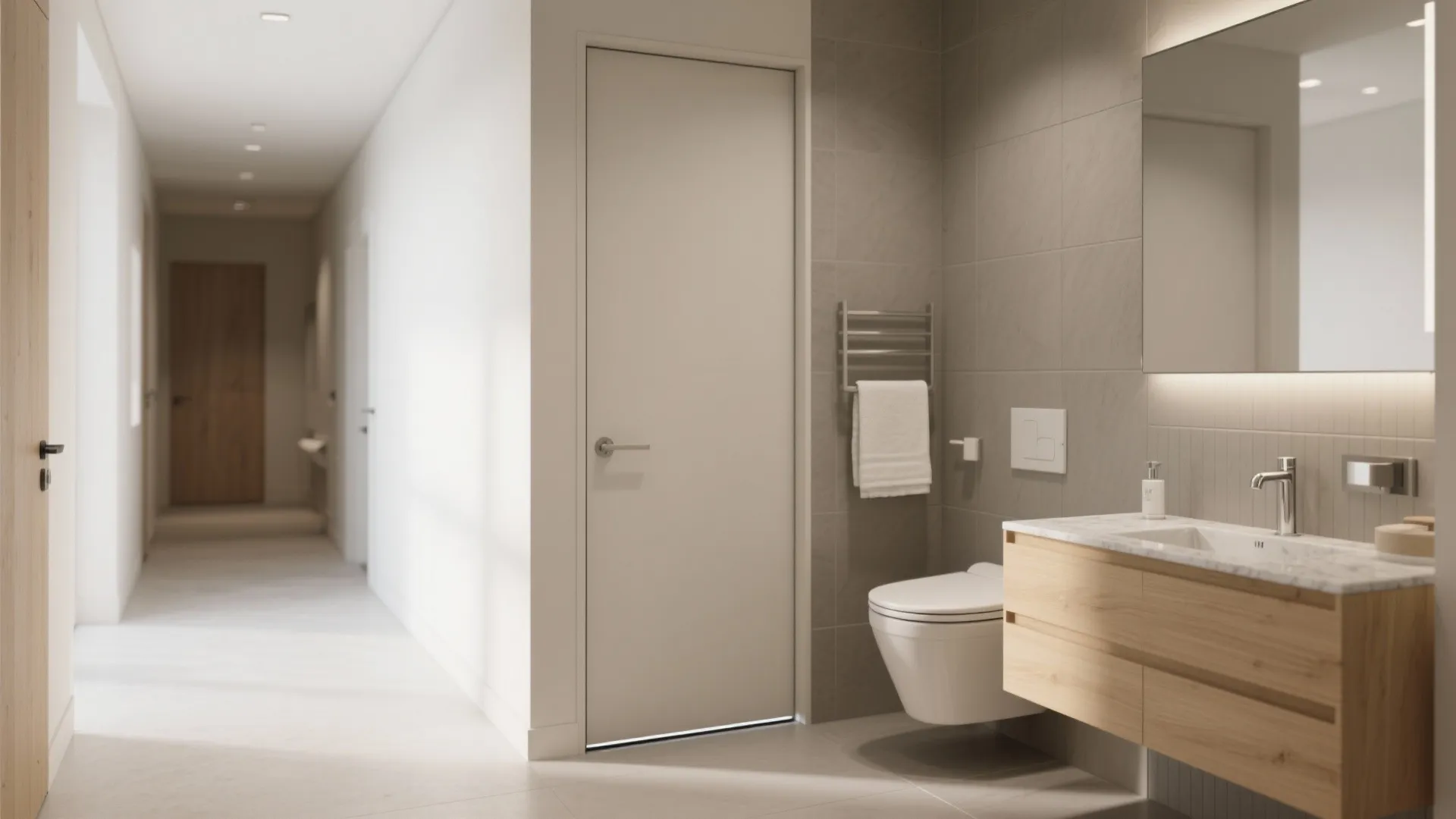 Modern bathroom interior with white toilet wooden cabinet marble sink and hallway view through open door
