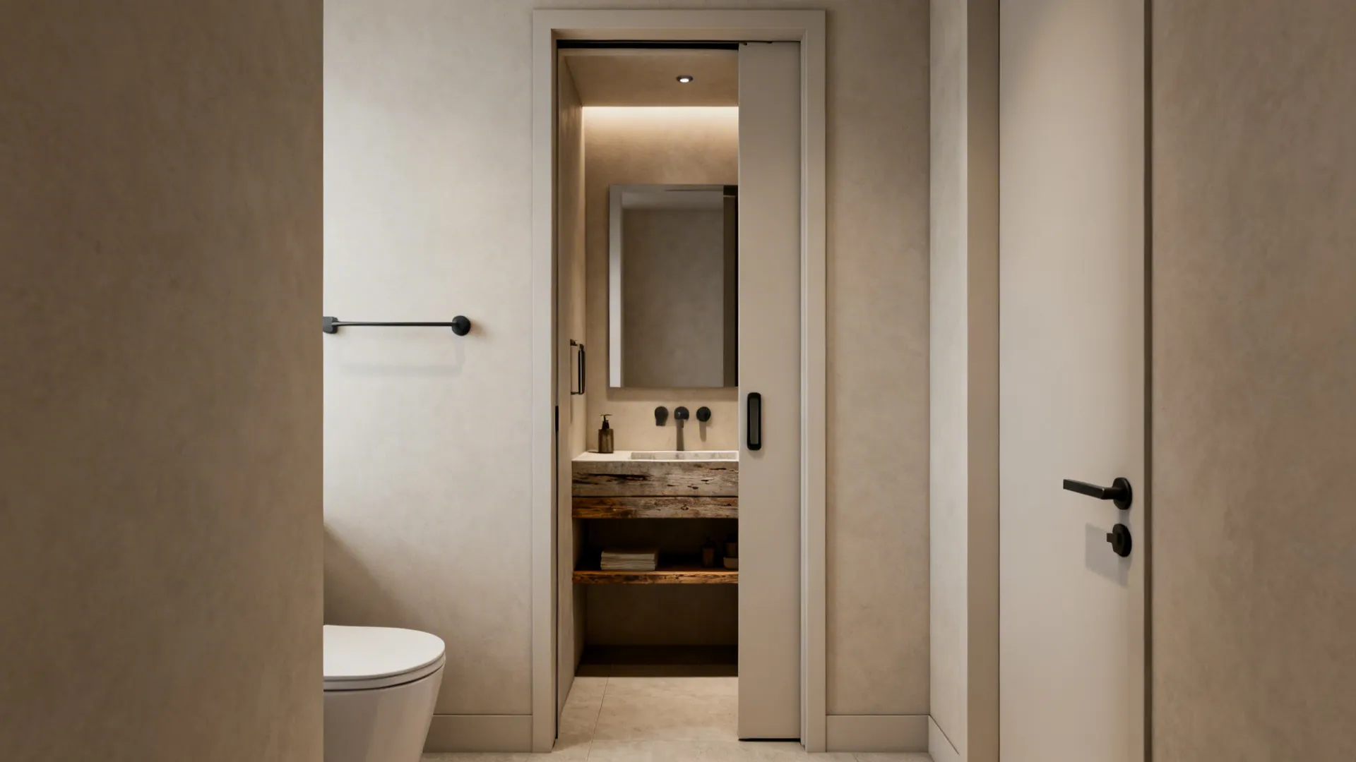 Pocket door in a small bathroom reclaiming swing space for a wider vanity and storage.