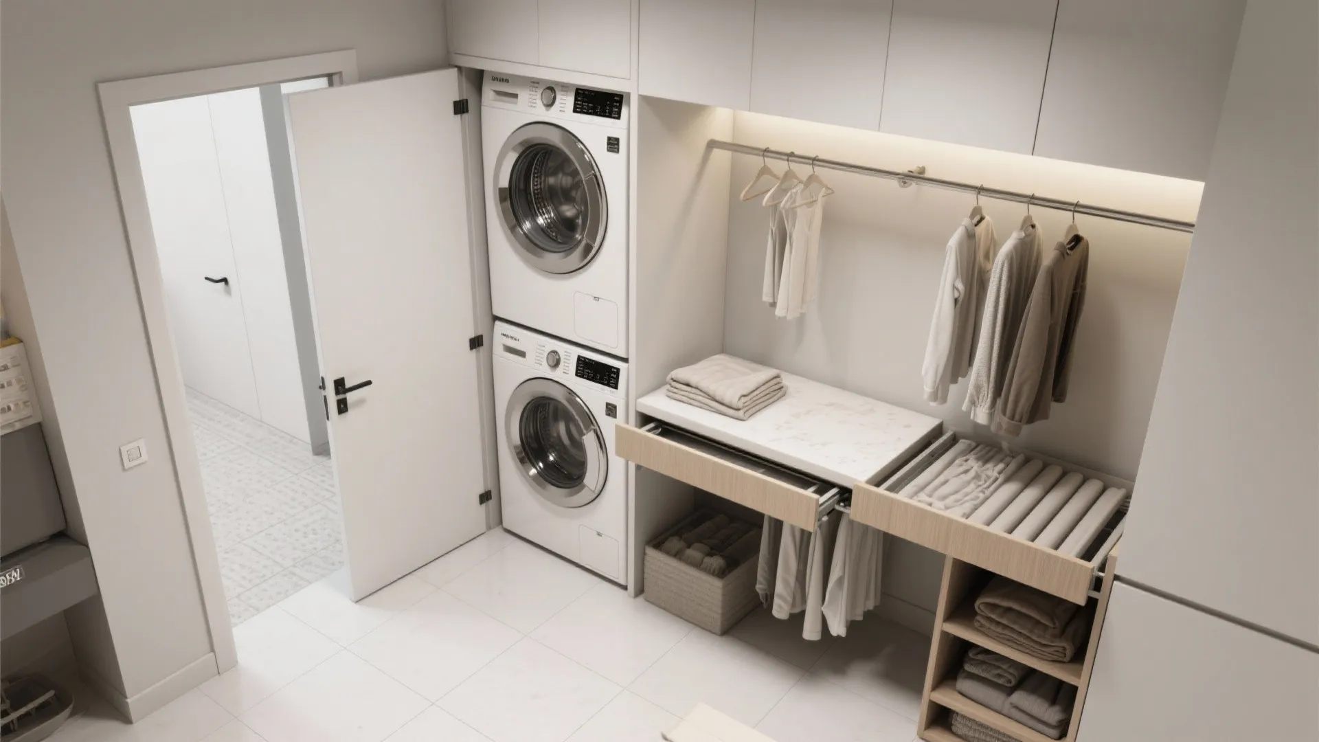 3. Pocket Door + Workflow Station (Wash → Fold → Store)