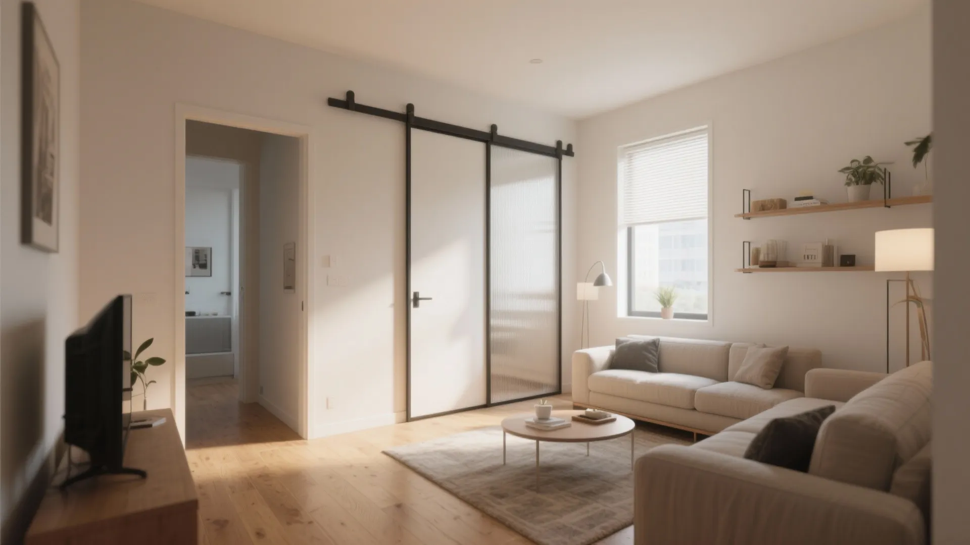 Bright living room featuring sliding glass doors wood flooring cream sofa and round coffee table setup