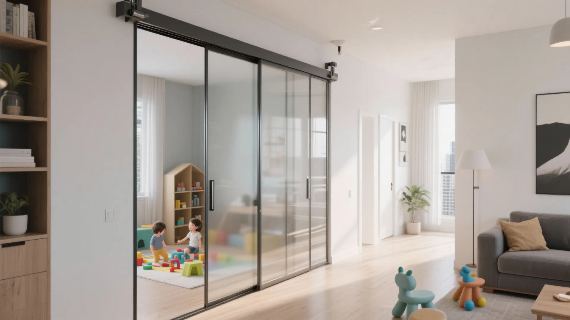 Living room with glass sliding doors showing kids play area with toys and grey sofa
