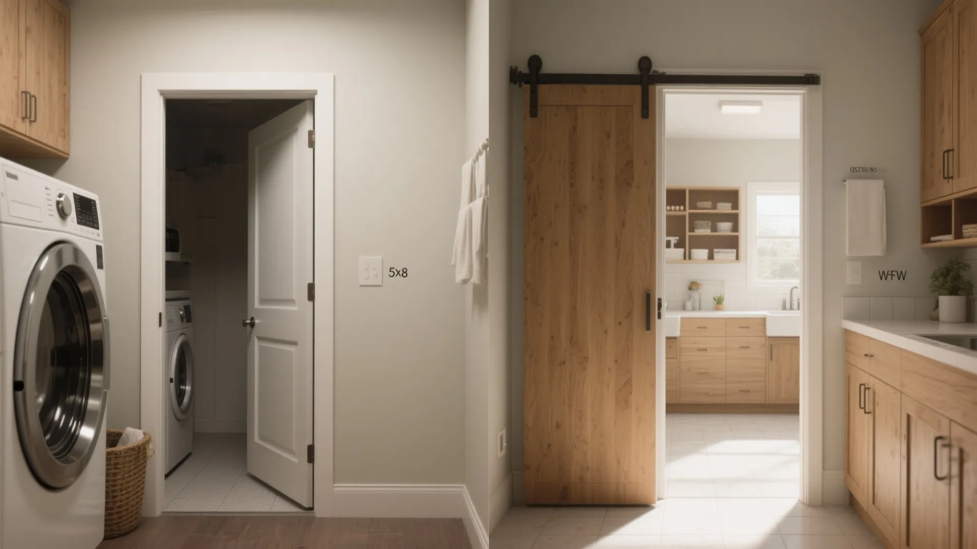 Side by side comparison of a traditional white door and a sliding wooden barn door