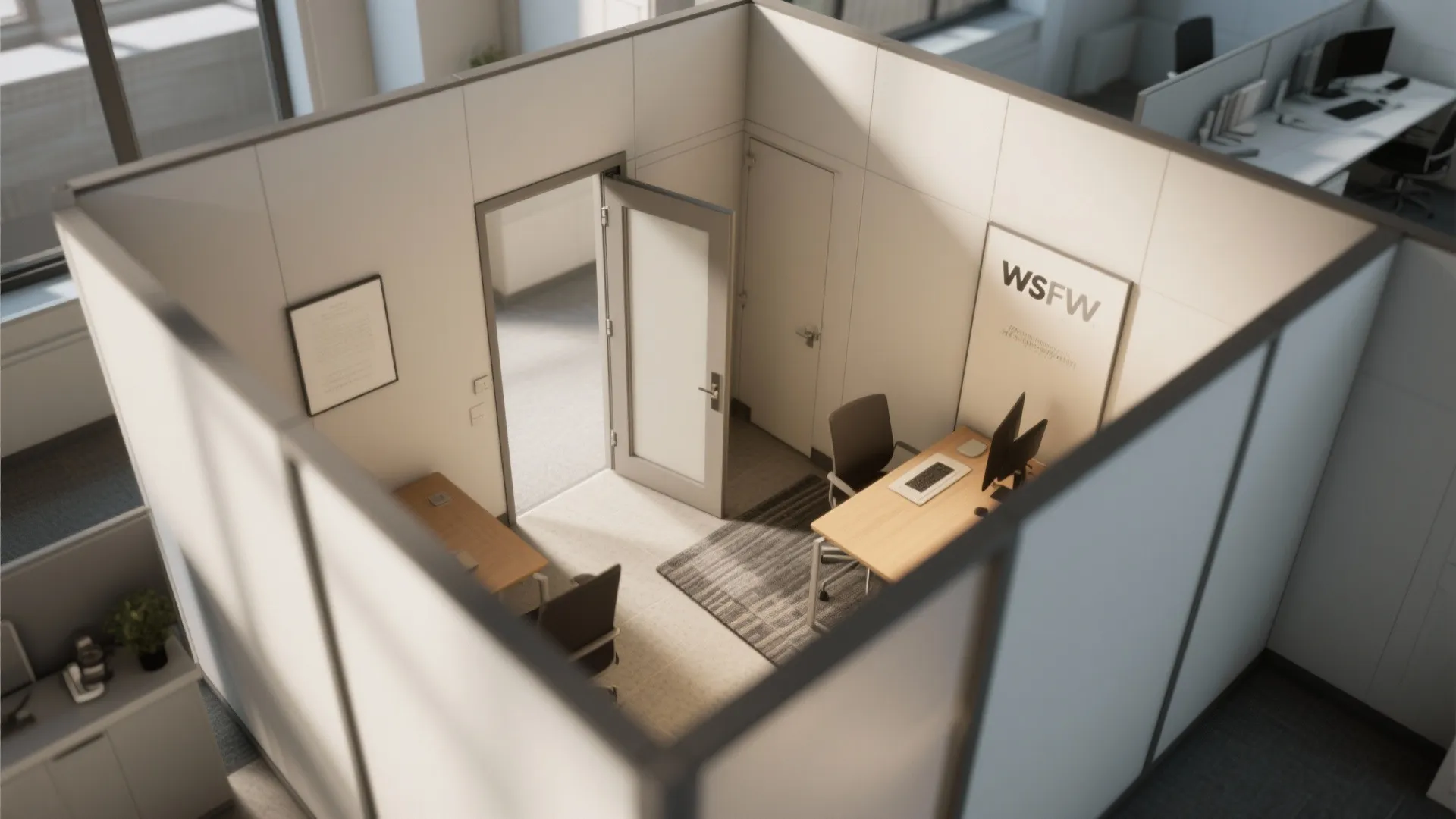 Interior design drawing of a small office cubicle with wooden desk chair and open door