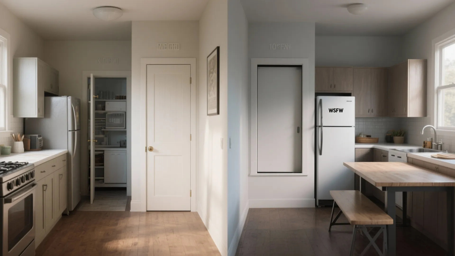 Before and after comparison of kitchen layout showing traditional door versus modern sliding door design