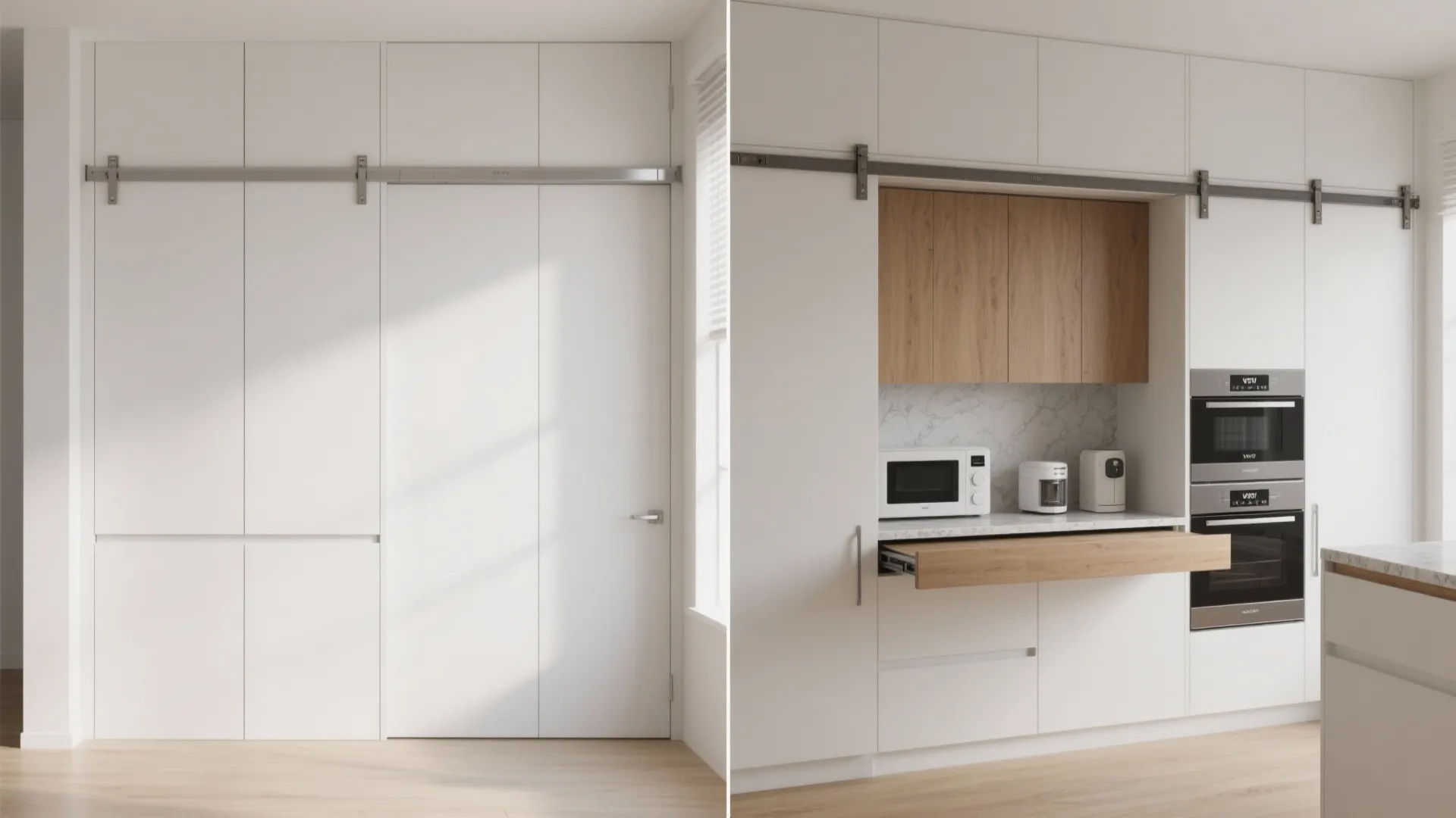 White sliding doors shown closed and open to reveal a hidden kitchen area with appliances