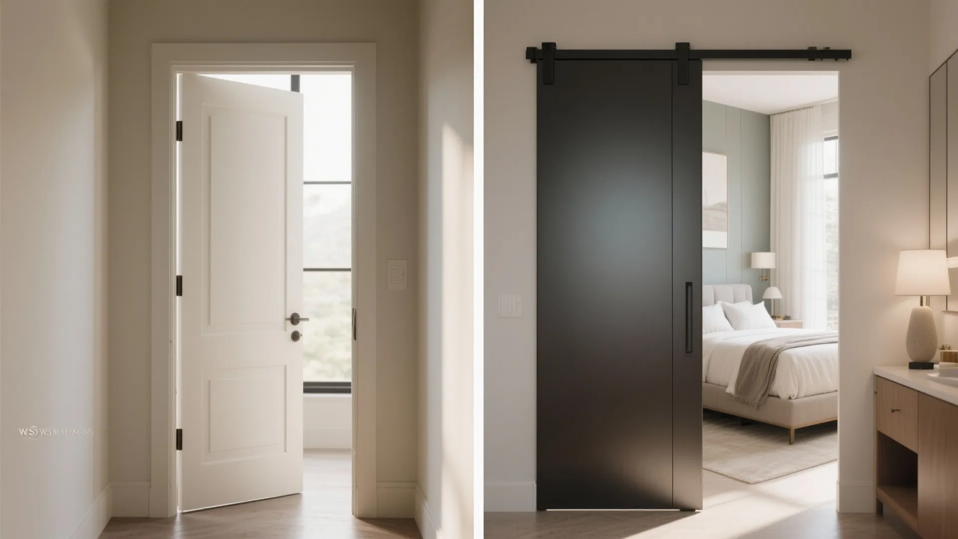 Before-and-after comparison showing swing door versus pocket door to reclaim circulation in a master suite.