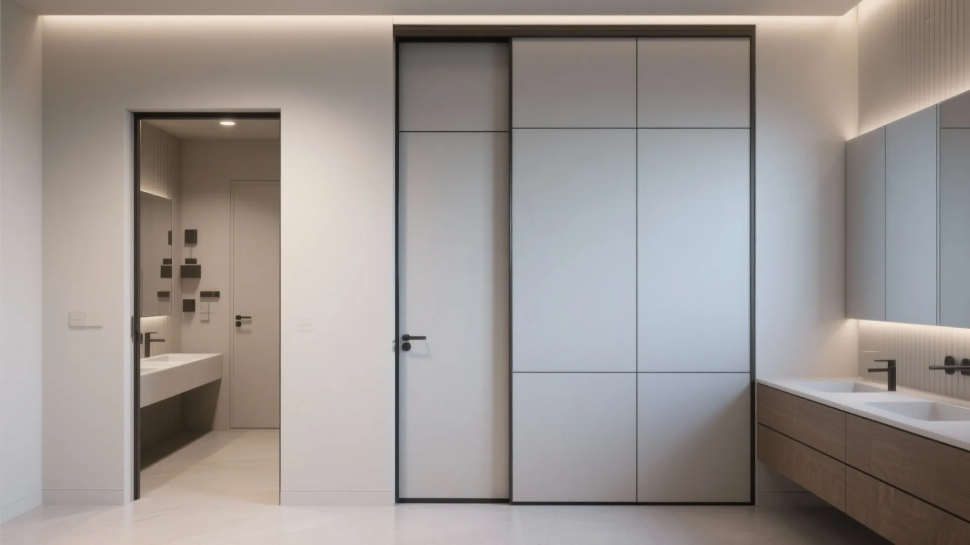 Modern bathroom entrance with white sliding doors wooden vanity two sinks mirrors and bright lighting
