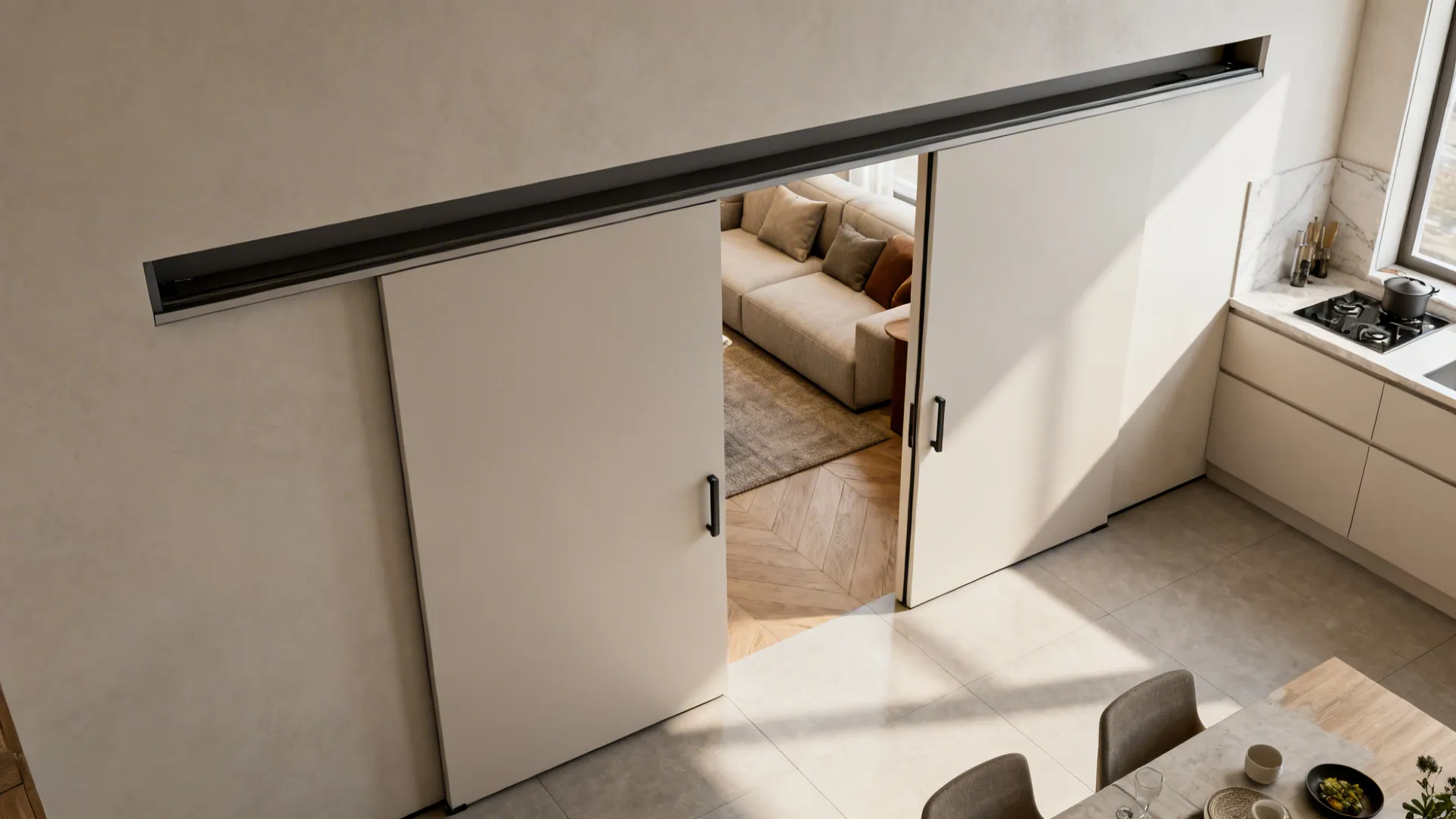 Pocket sliding doors recessed into wall between kitchen and living room, shown open and closed