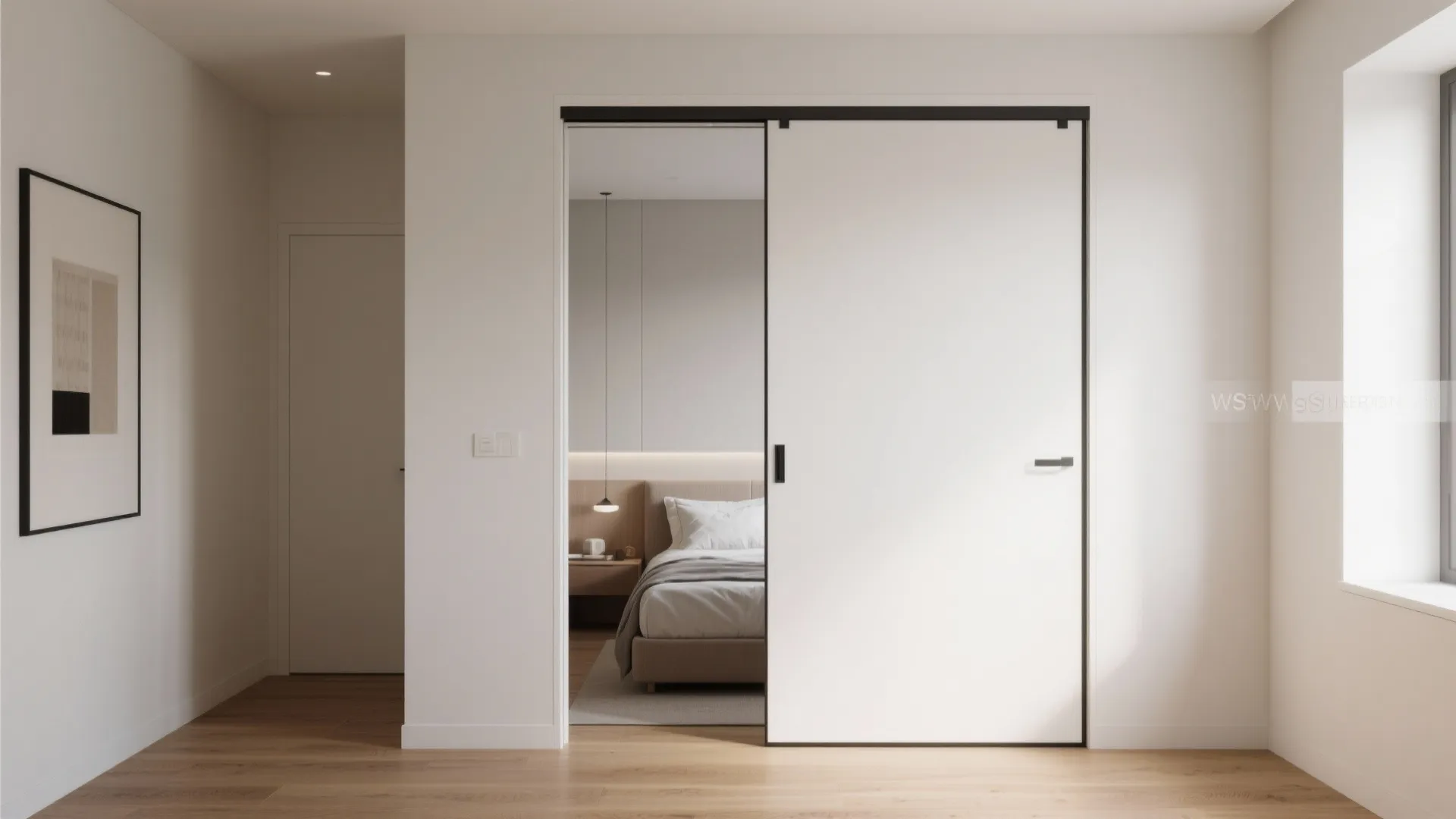 Minimalist white sliding door opening into a bedroom with wooden floors and neutral color scheme