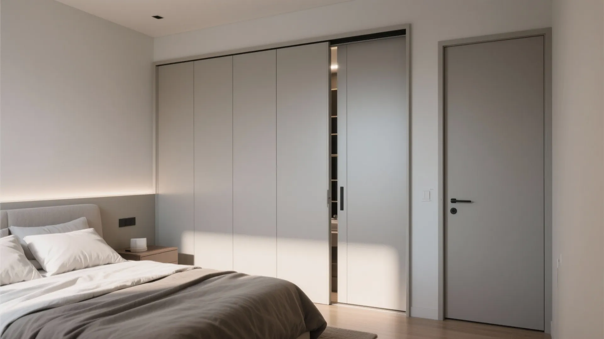 Minimalist bedroom featuring a grey bed and large sliding doors leading to a walk-in closet