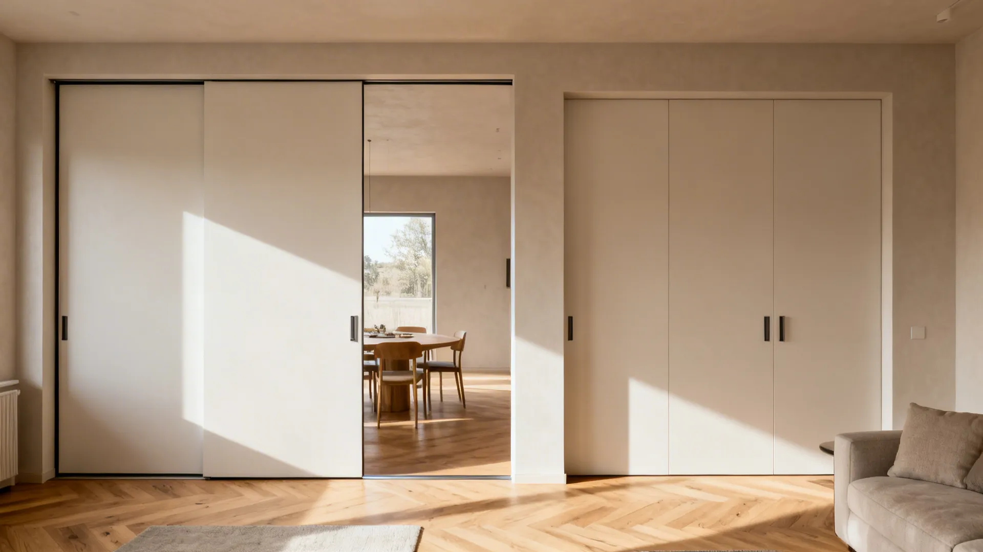 Pocket sliding doors shown open and closed between lounge and dining room.
