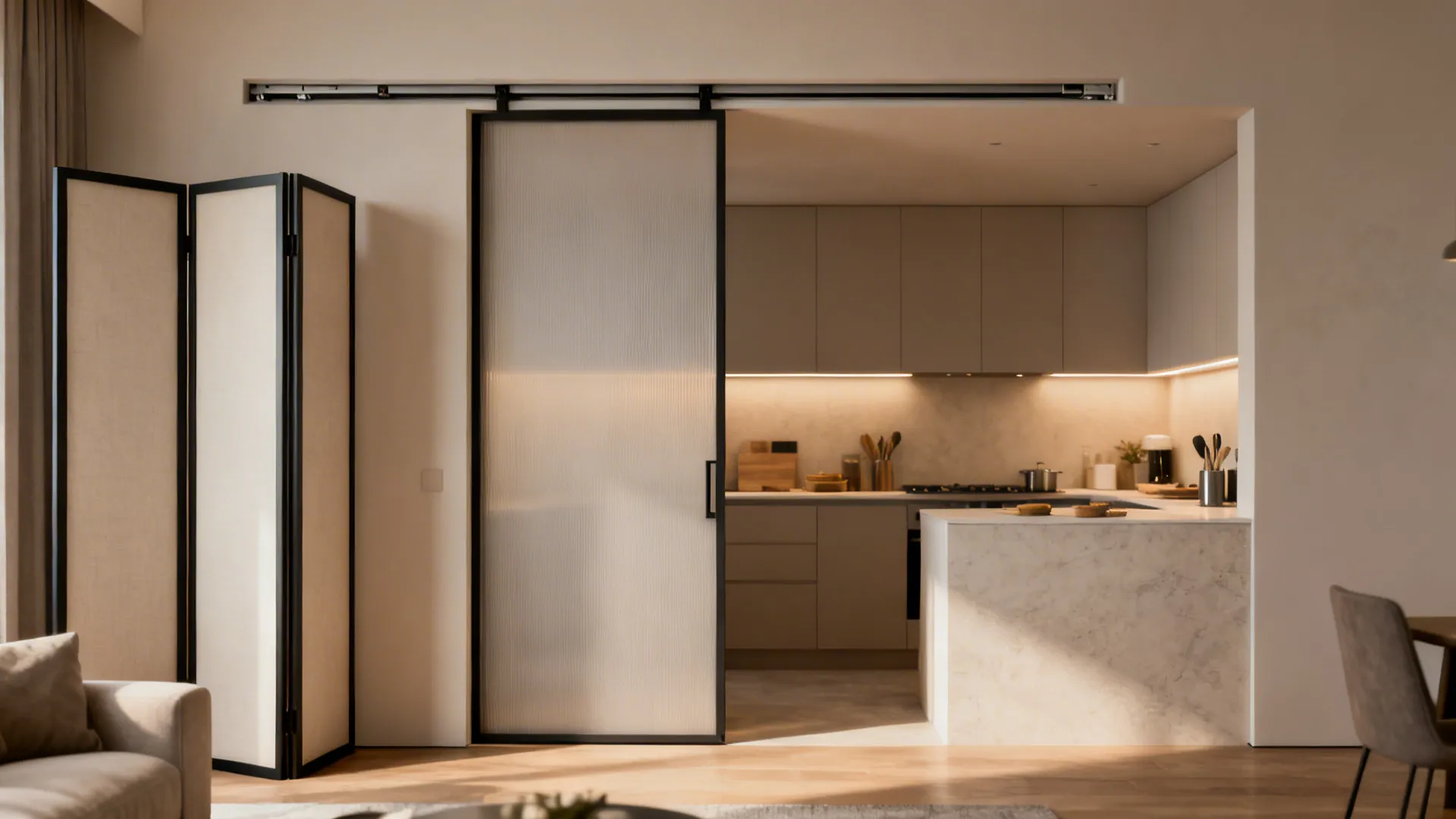 Recessed pocket door partially open between kitchen and living room, with a folding screen option.