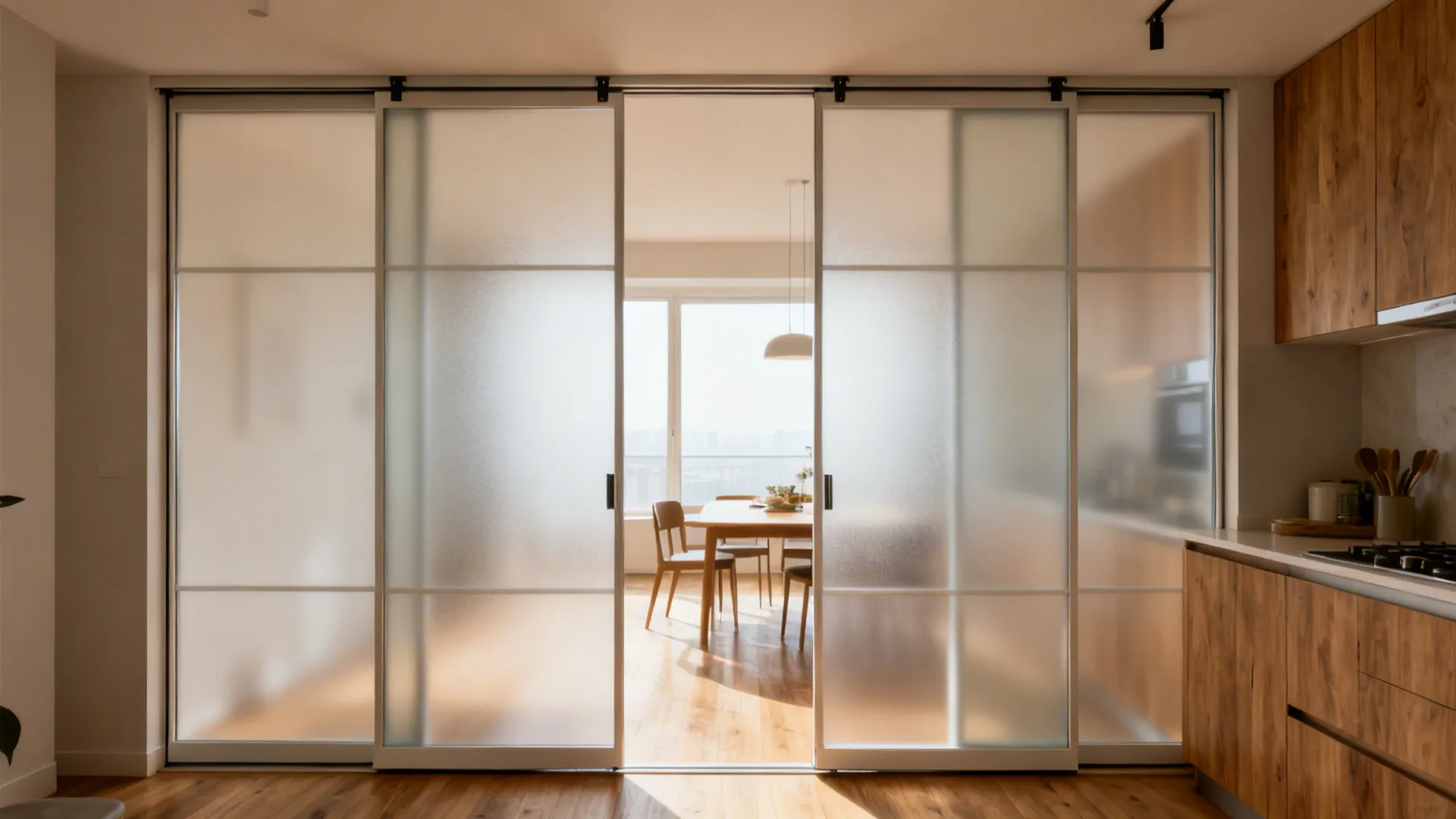 Translucent sliding pocket doors separate a bright kitchen and dining area.